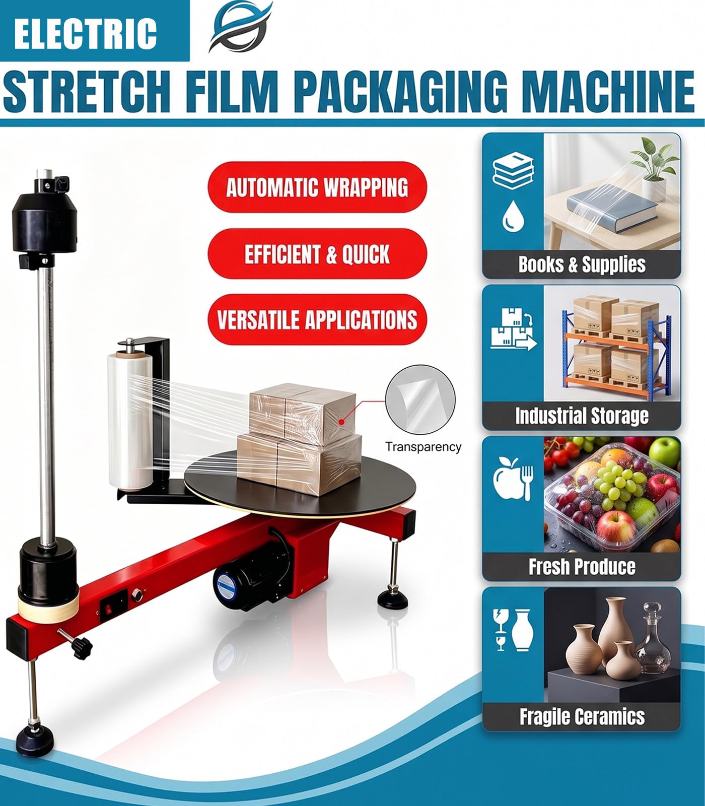 Envolvedora eléctrica de palés con Film Estirable 20cmFilm-220V | Herramienta automática de tensado y flejado con plataforma giratoria de 40 cm, para logística.