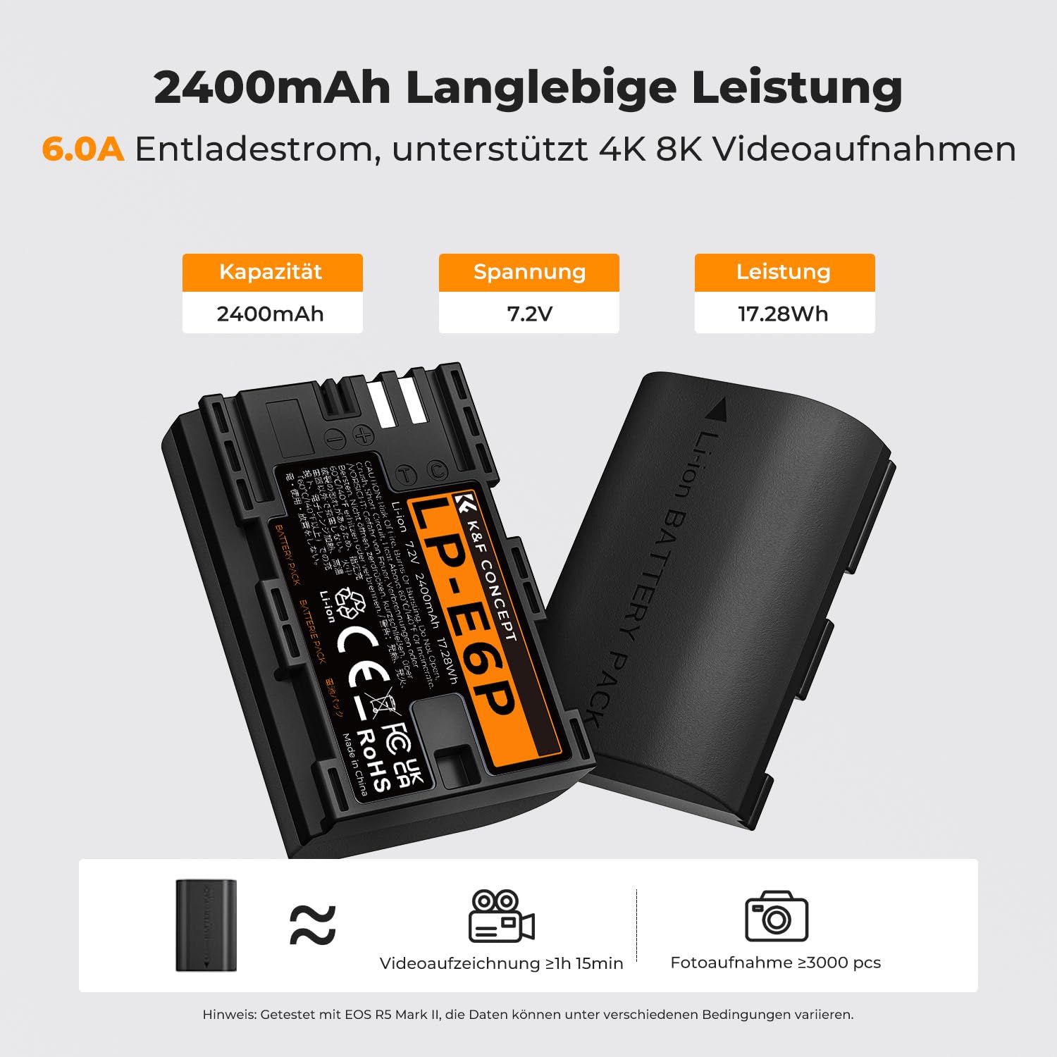 K&F Concept 2400mAh LP-E6P Akku 2er-Pack + Doppel-Slot-USB-Ladegerät, kompatibel mit Canon R6V R6 Mark III,EOS R8, 5D III IV, 6D II, R7, R6, R5, R5 Mark II, 5DS, 6D, 7D, 80D, 90D