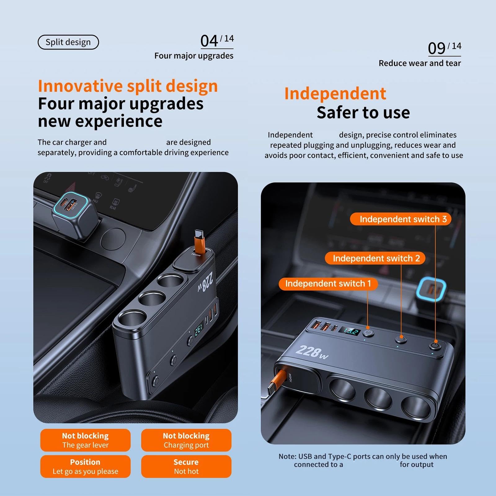 Adaptateur de voiture à charge rapide avec QC3.0 PD45 W 228 W câble de chargeur USB C télescopique à affichage LED pour USB rétractable 12 V-24 V