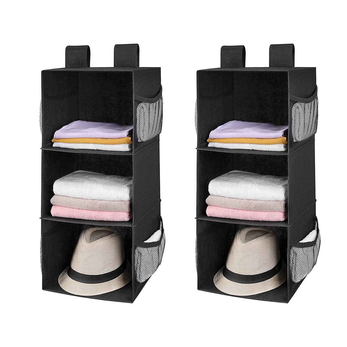 MAX Houser 3-Shelf Hanging Closet Organizers, Collapsible Closet Hanging Shelves for Camper, Nursery Hanging Organizers, Black, 2-Pack