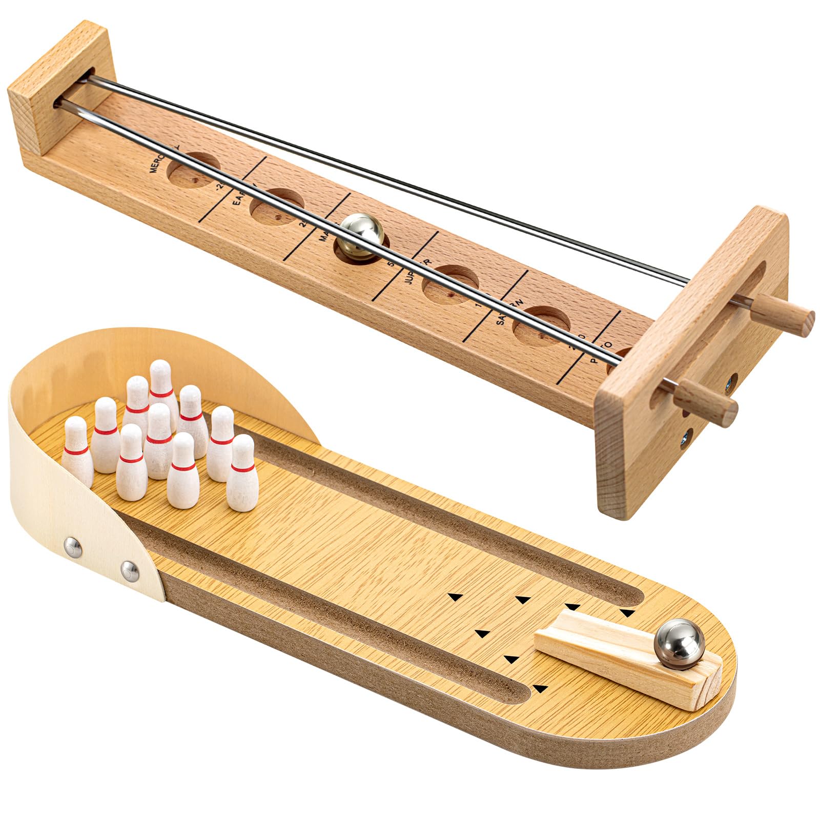 Deekin 2 Set Desktop Shoot The Moon Game Table Top Mini Bowling Game Set Classic Steel Ball Wooden Tabletop Games Wooden Board Mini Arcade Table Games Bowling Set Gag Gifts for Adult Teen Office Desk