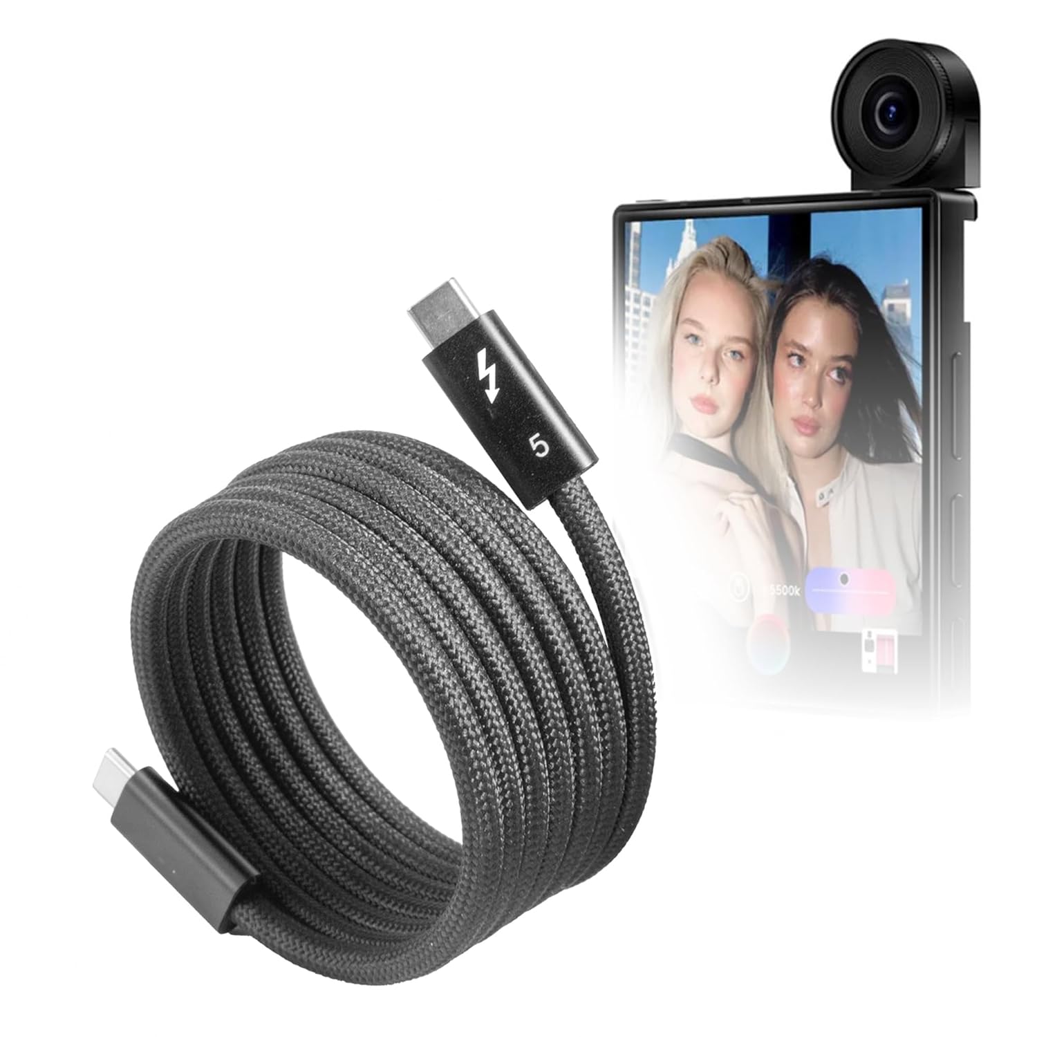 BoxWave Cable Compatible with iKKO MindOne Pro - SnapWrap Thunderbolt 5.0 Cable (5ft 240W), Magnetic Self-Coiling Nylon Braided Retractable - Jet Black