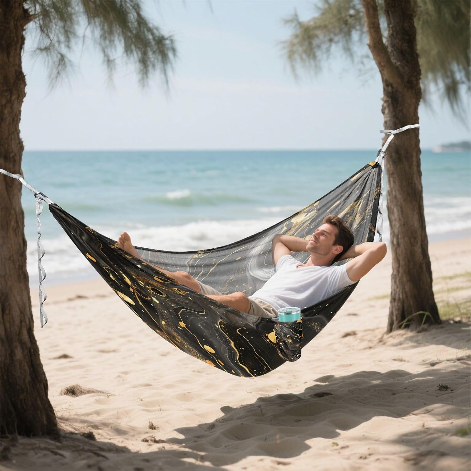 ALAZA Luxury Black & Gold Marble Camping Hammocks Single or 2 Person 500 lbs Portable Parachute Travel Hammock w/Tree Straps for Hiking Backpacking Indoor Outdoor