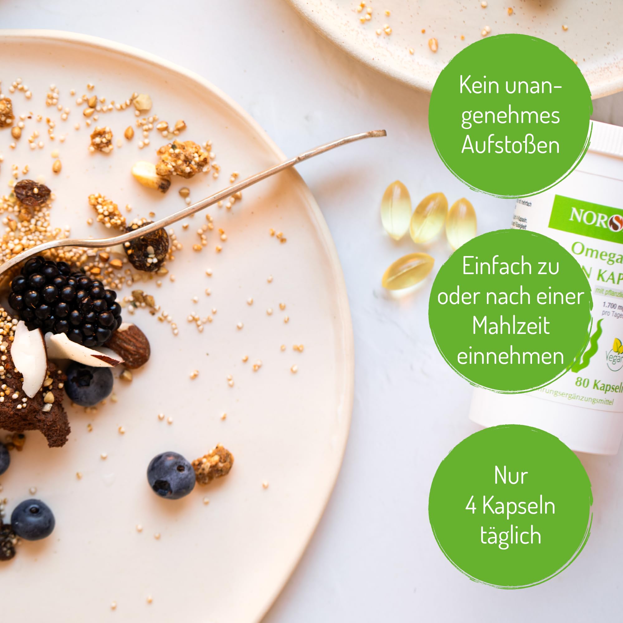 NORSAN Premium Omega 3 Vegan Kapseln 2er Pack (2x 80 Stück) - 1.700mg Omega 3 pro Tagesdosis - vegane Algenöl Kapseln mit hohem EPA- & DHA-Anteil - Algenöl aus nachhaltigem Anbau