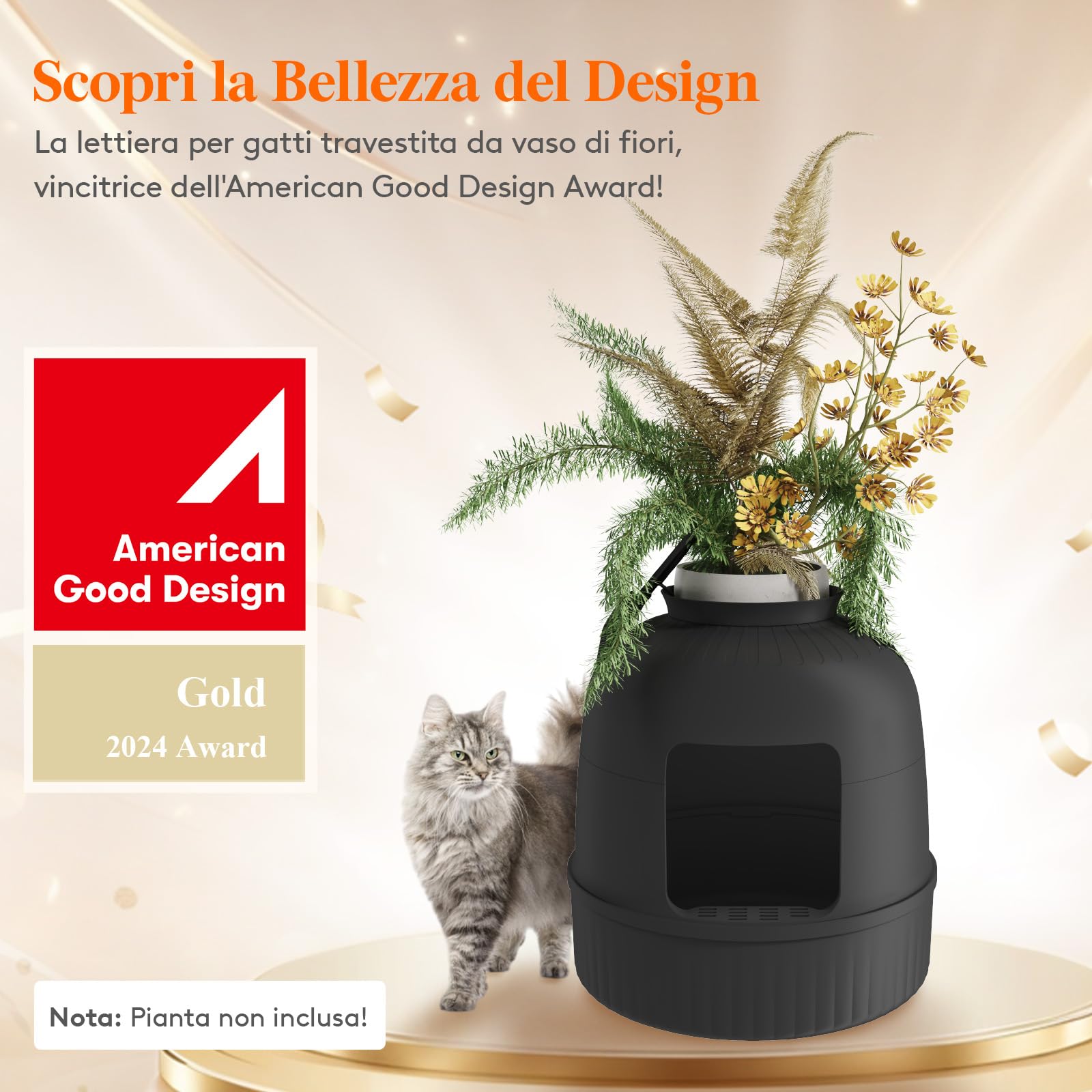 Lifewit Lettiera Gatto con Deodorante e Filtro a Carboni Attivi, Toilette per Gatti per Soggiorno, Camera da Letto e Angoli, Lettiera a Forma di Vaso con Paletta, 48 x 48 x 50 cm, Nero