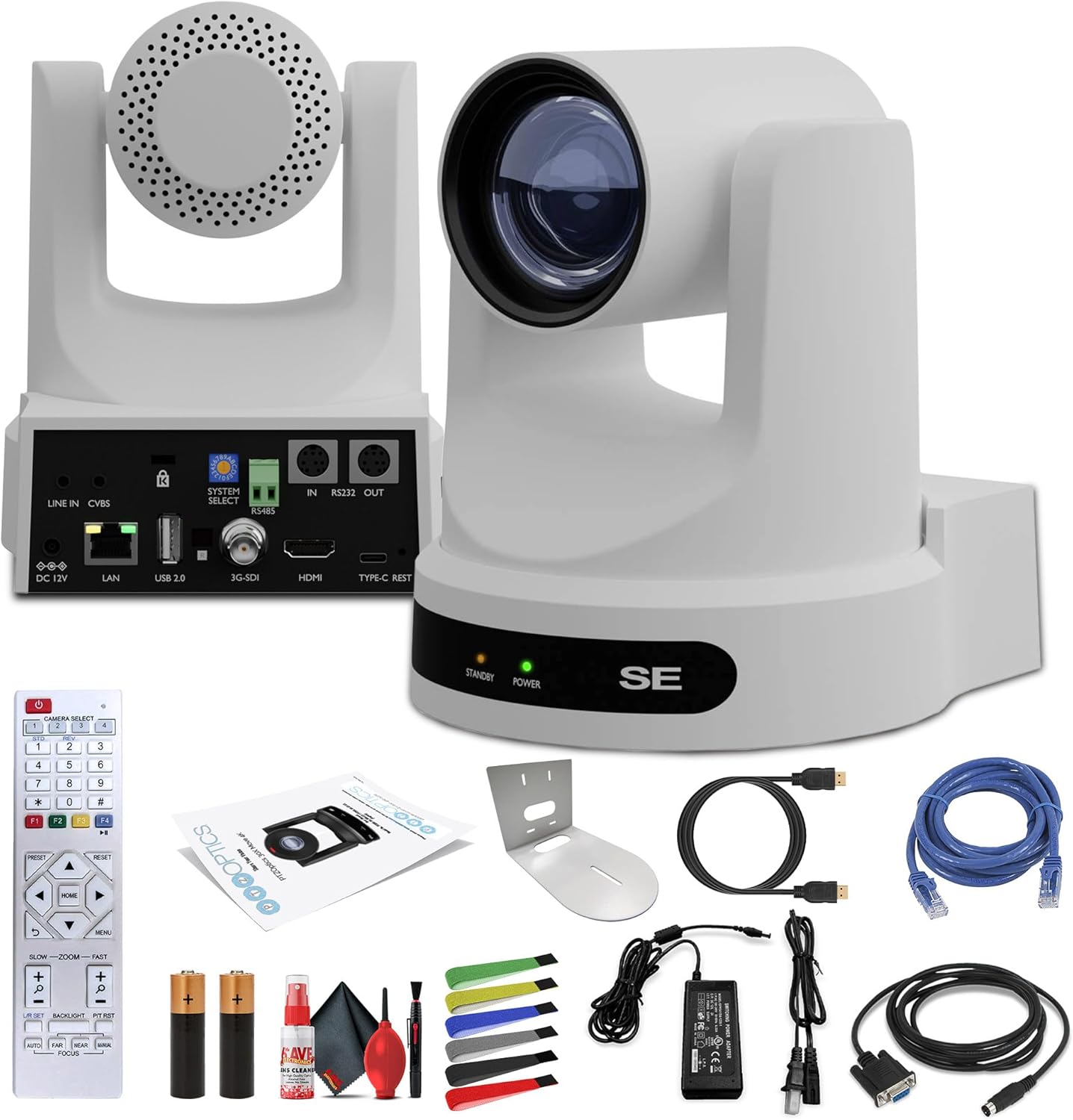 PTZOptics Move SE SDI/HDMI/USB/IP PTZ Camera with 20x Optical Zoom (Gray) (PT20X-SE-GY-G3) + Universal Wall Mount (Black) + Lens Cleaning Kit + HDMI Cable + Ethernet Cable + Color Wire Ties