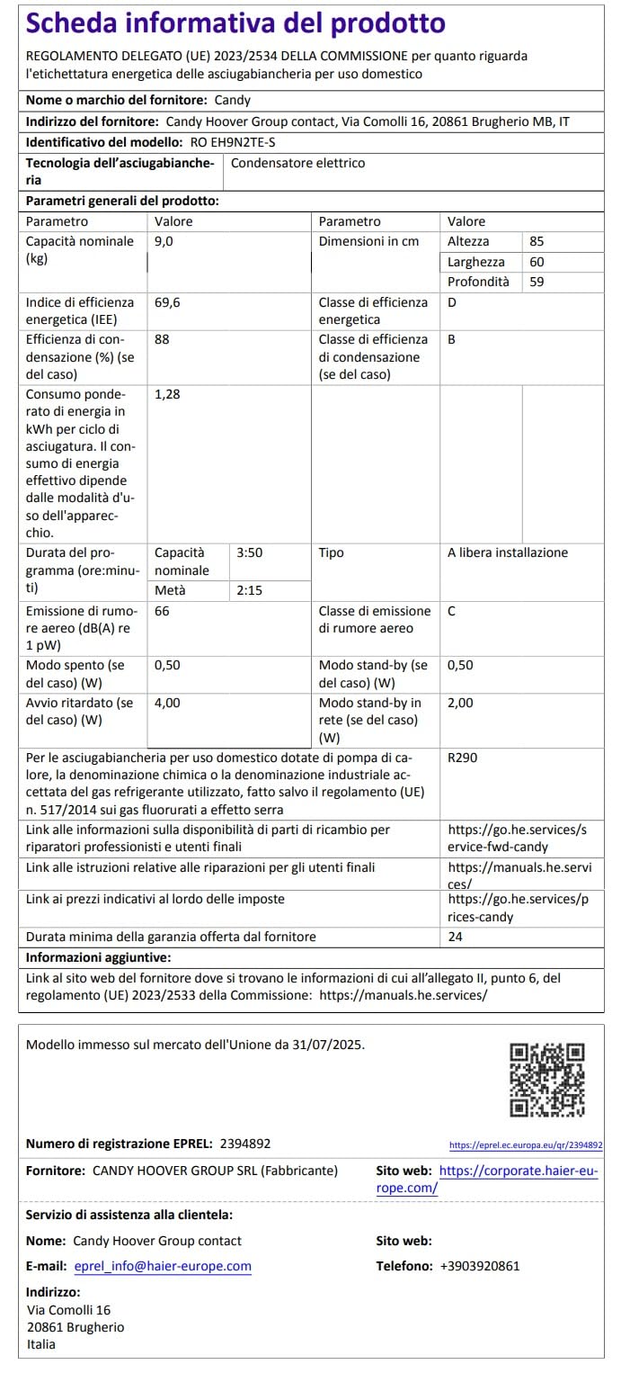 Candy Rapidò Asciugatrice a Pompa di Calore 9 Kg, Classe D, Bianco | App hOn, Libera Installazione, 40 Programmi, 66 dB, Ciclo Refresh, Cicli Rapidi, Woolmark, Wi-Fi, RO EH9N2TE-S