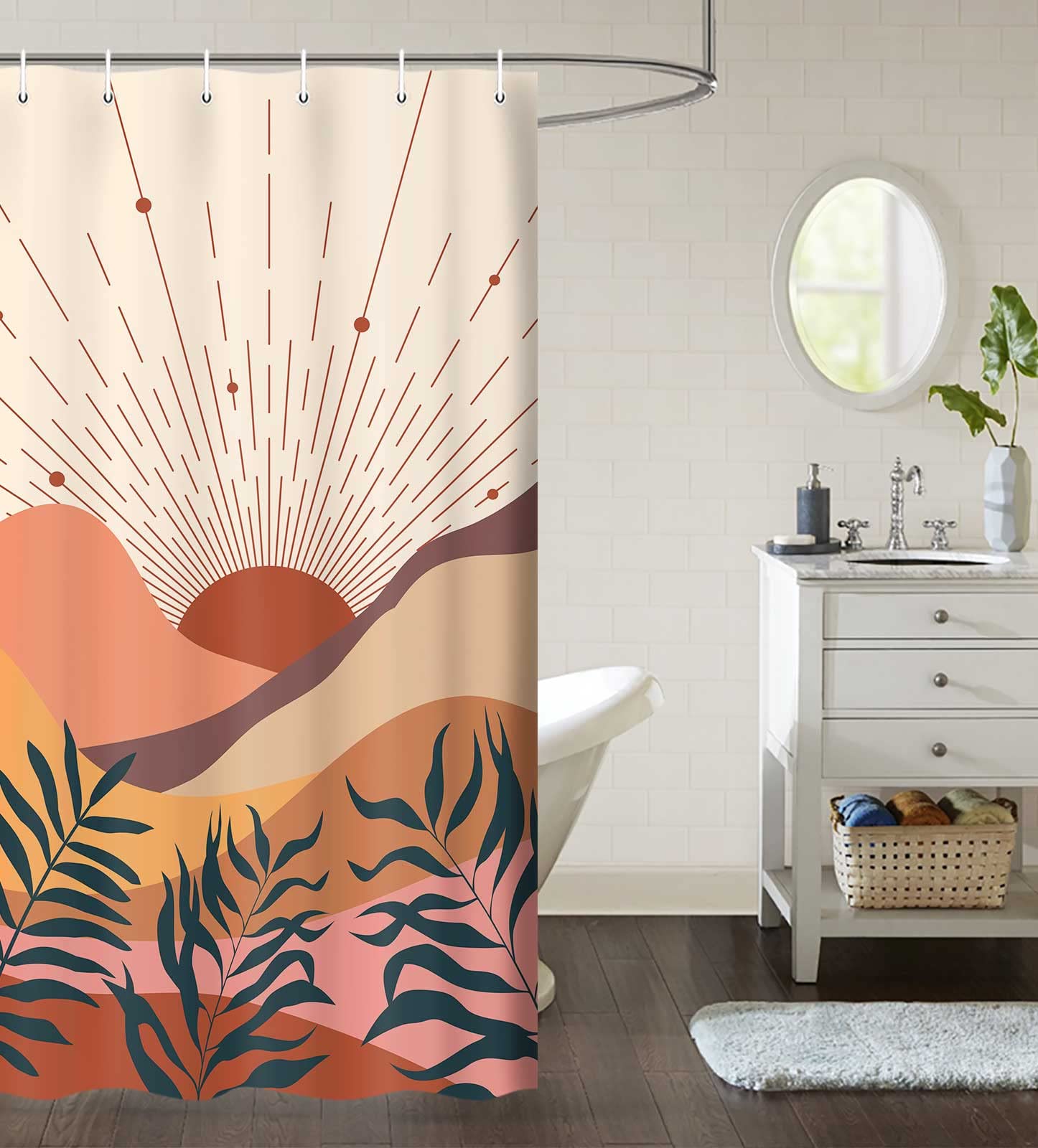 Mid Century Morden Boho Shower Curtain, Abstract Mountain Sunset with