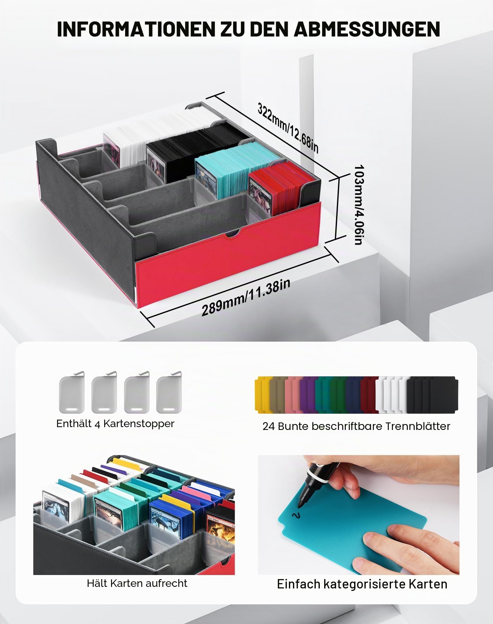 ZLCA Trading Card Storage Box, Commander Card Deck Case Holds 2400+ Cards, MTG Deck Box mit 4 Stopfen, Magic Card Organizer für TCG PTCG Karten(rot-weiß)