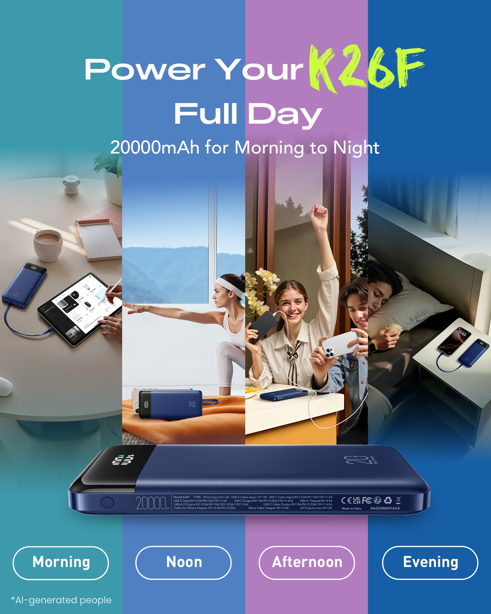 Orfeika Power Bank da 20000 mAh, ricarica rapida, caricabatterie portatile con 4 cavi integrati e 6 uscite, batteria PD USB C da 20 W, compatibile con iPhone 16/15, Galaxy, Android, iPad e altro