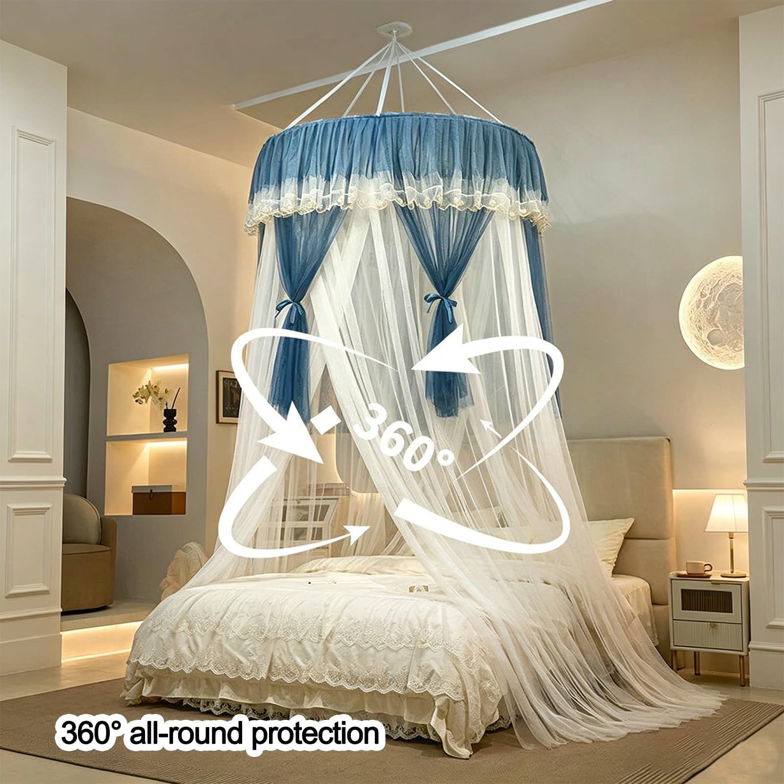 SARKEY Prinzessinnen Betthimmel,Bettvorhang,Feines Durchsichtiges Netz,Kuppelbetthimmel,Hängende Bettnetzabdeckung Für Schlafzimmer,Luxuriöse Spitze,Erwachsene,Hochzeit,Dekoration(Lake Blue)