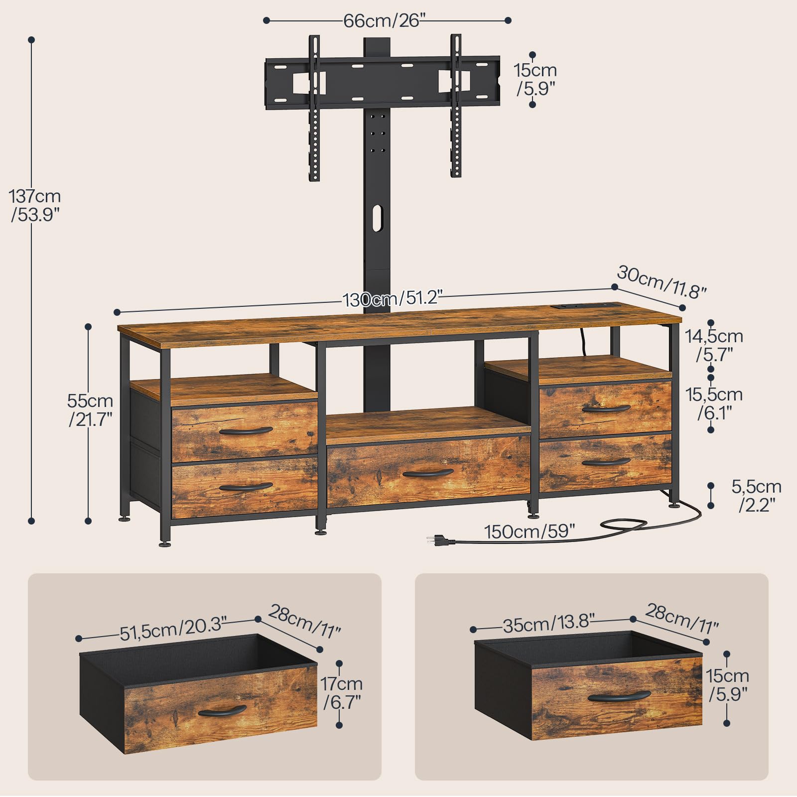 HOOBRO TV Stand with Mount and Power Outlet, for 32/45/55/60/65 inch TVs, Swivel Led Entertainment Center with Drawers, Adjustable Media Console for Living Room, Bedroom, Rustic Brown BF130UDDS01