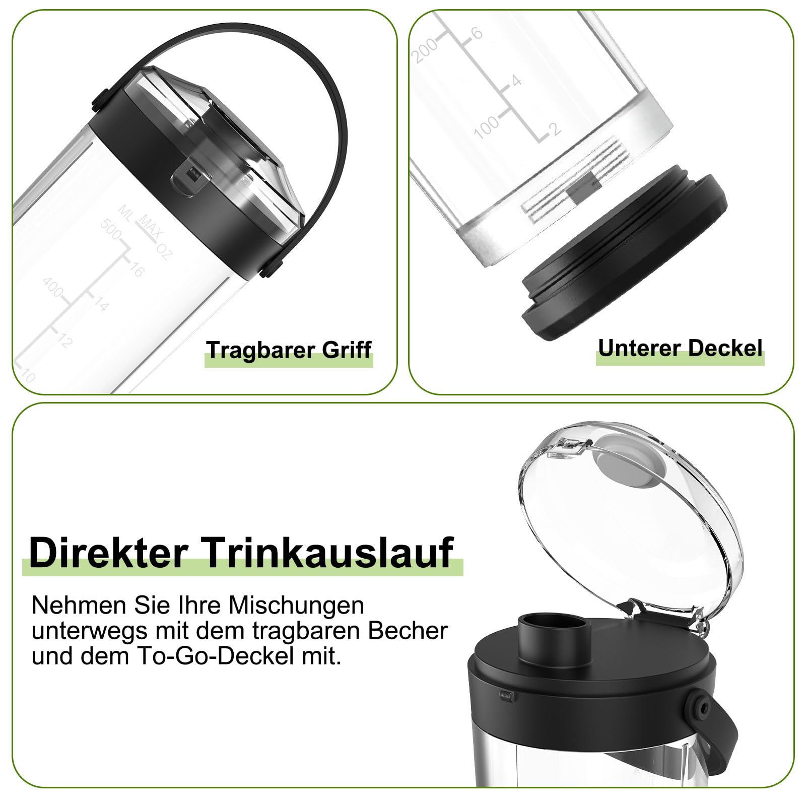 DENOKIN Tragbarer Mixer mit Trinkdeckel, 500ml, Mini Standmixer für Unterwegs, Wiederaufladbar mit USB-C, Kabellos Smoothie Maker to Go für Smoothies, Shakes, Schwarz