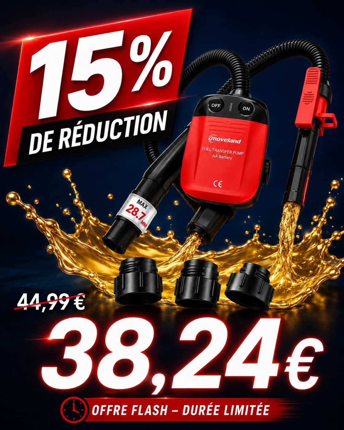 moveland pompe essence electrique 2.2 GPM, sur batterie, 4 adaptateurs | Arrêt automatique, Transfert de liquides efficace, sûr et propre, Pour diesel, essence, voiture, tracteur, tondeuse à gazon
