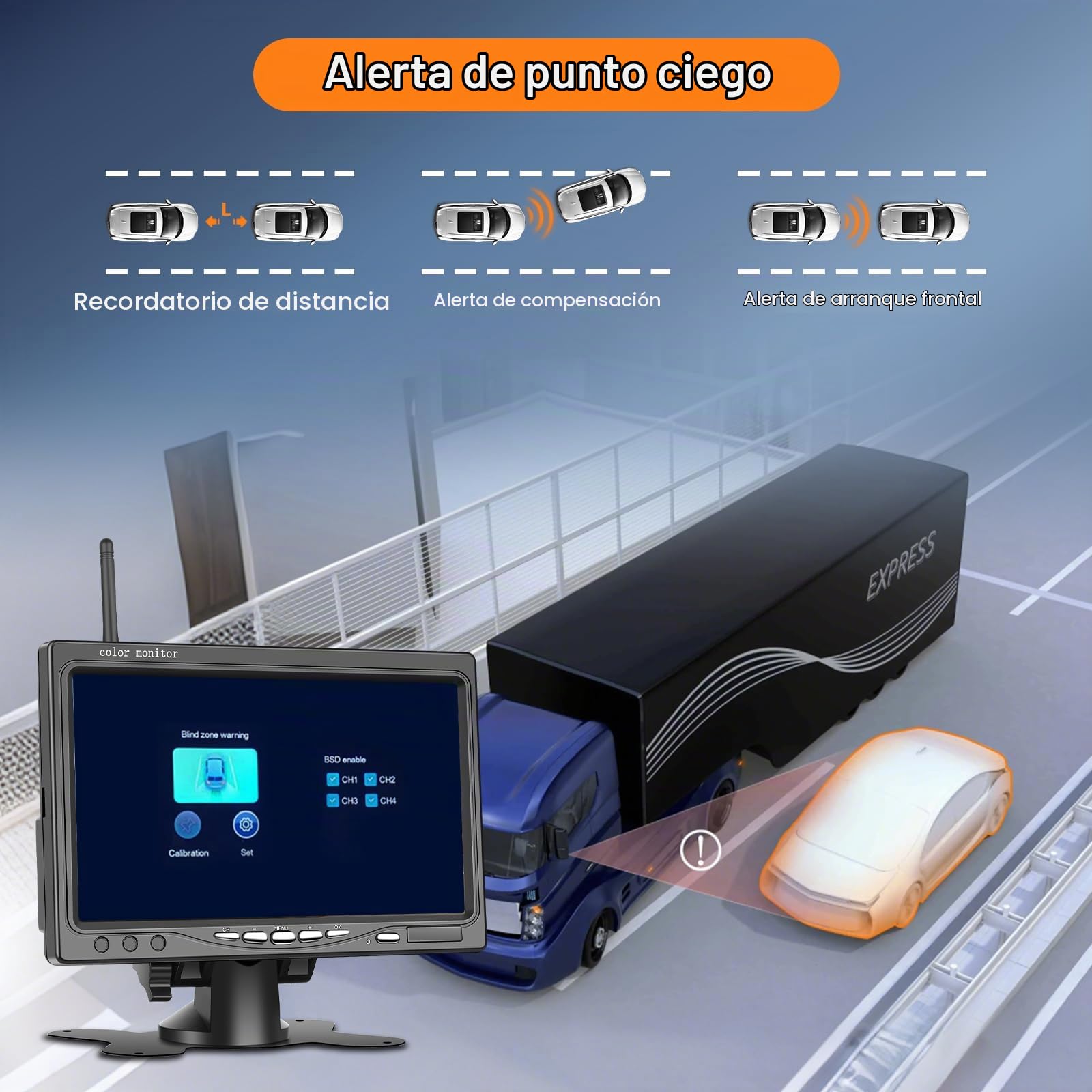 VECHTEL Camara Marcha Atras Inalámbrica 7 Pulgadas IPS HD Monitor Kit, Cámara Trasera mit BSD Impermeabilidad IP68 Visión Nocturna Súper Gran Angular para 12V-36V Camión Camper RV Furgonetas