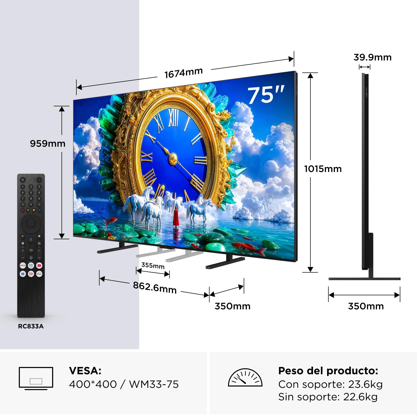 TCL 75A400 Televisor 75 Pulgadas QLED 4K Smart TV, 144Hz, Direct LED, Onkyo 2.0, Dolby Vision & Atmos, HDR10+, Manos Libres, Google TV, Apple AirPlay 2