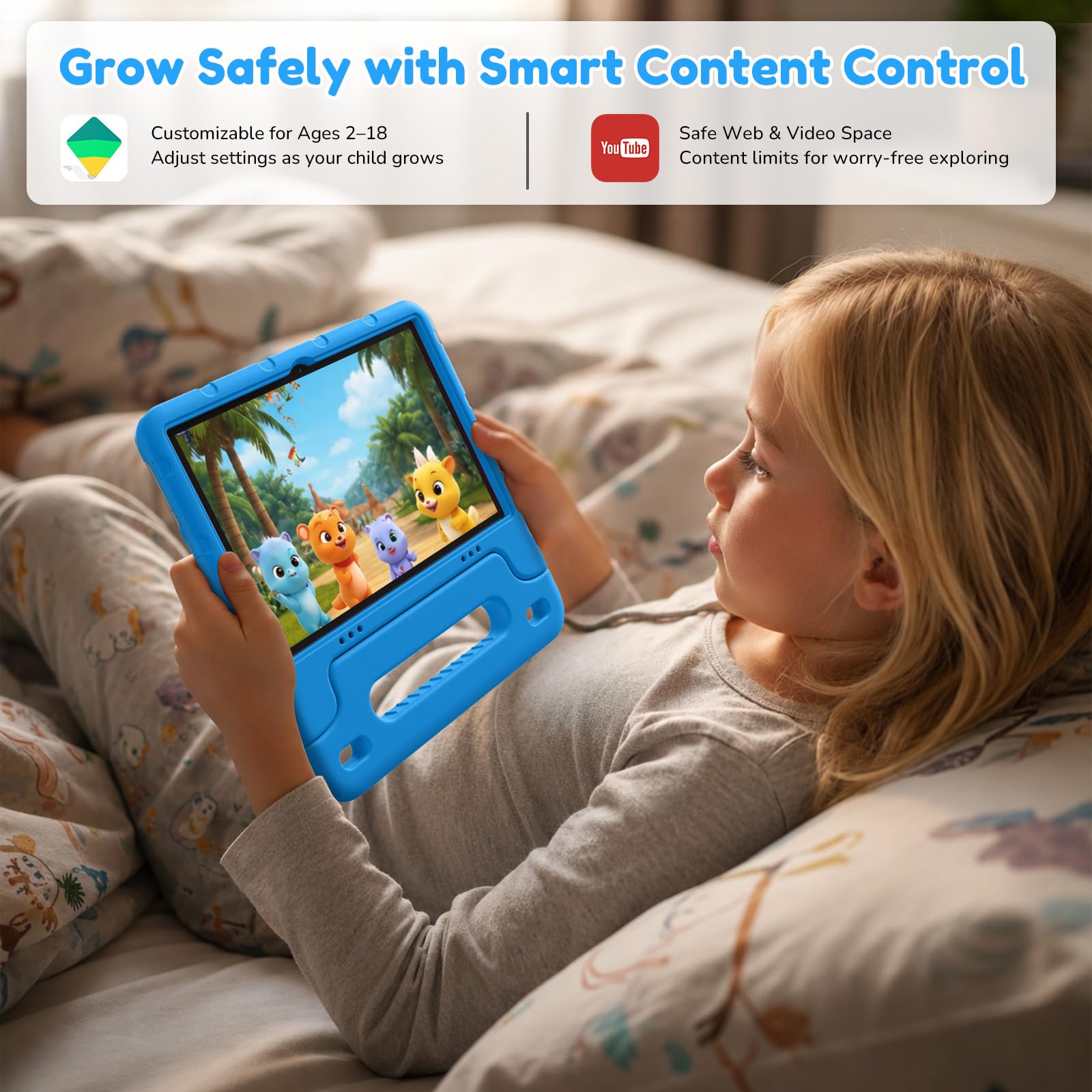 EDDBNi Tablet per bambini Android 15 Tablet da 10 pollici per bambini con custodia Quad Core 64 GB doppia fotocamera controllo parentale 2.4G WiFi compresse educative (blu)