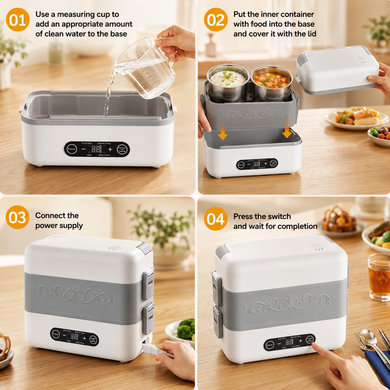 Contenitore per il pranzo elettrico per adulti, portatile, senza fili, riscaldato da 2,4 l, contenitore interno rimovibile in acciaio inox, display digitale, per ufficio, viaggi, cantieri, scuola