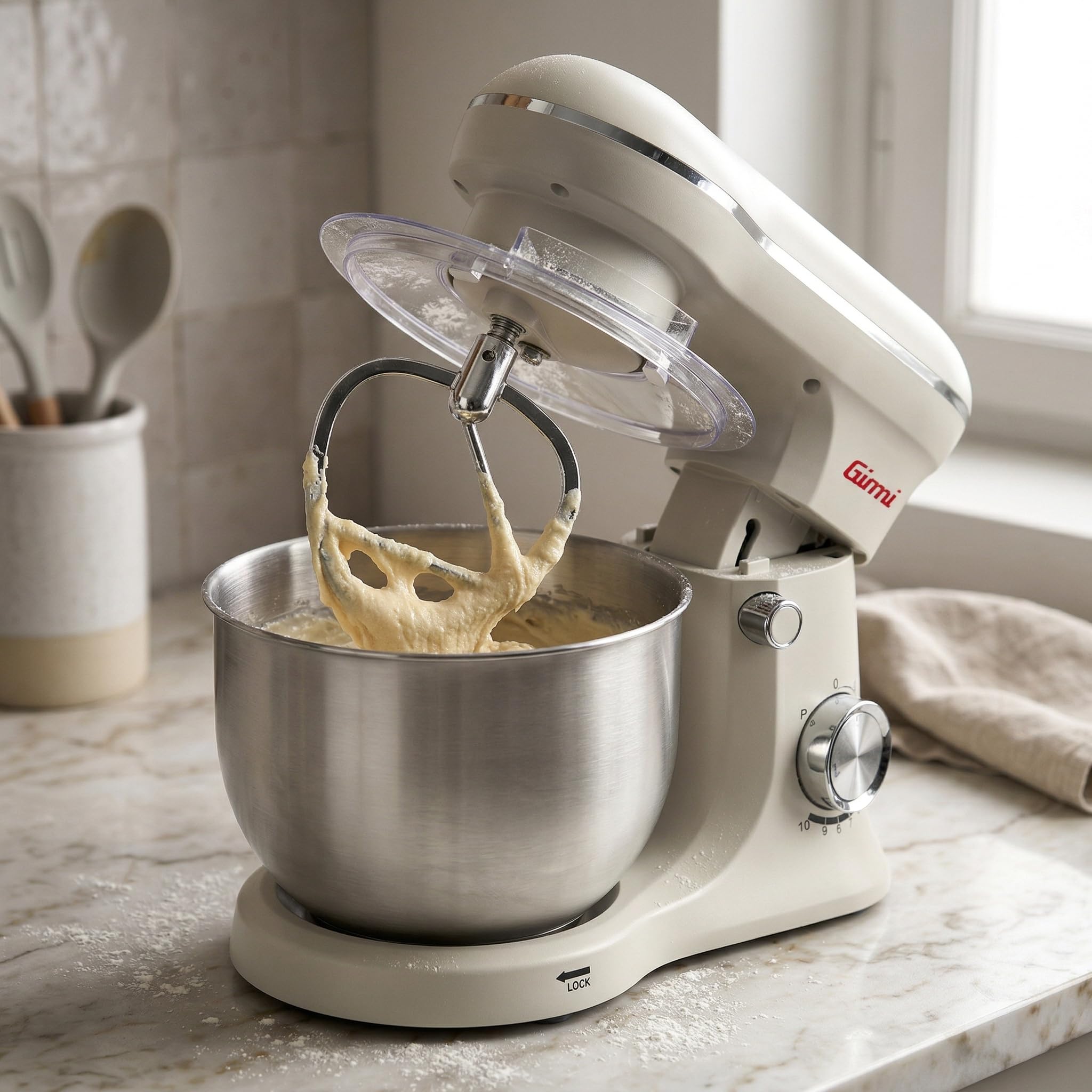 Girmi IM21W Batidora amasadora 5 L, 1500 W máx, 10 velocidades, Gesso | 1500 W máx., bol de acero inoxidable, 10 velocidades + Pulse y 3 accesorios para masas, cremas y preparaciones diarias