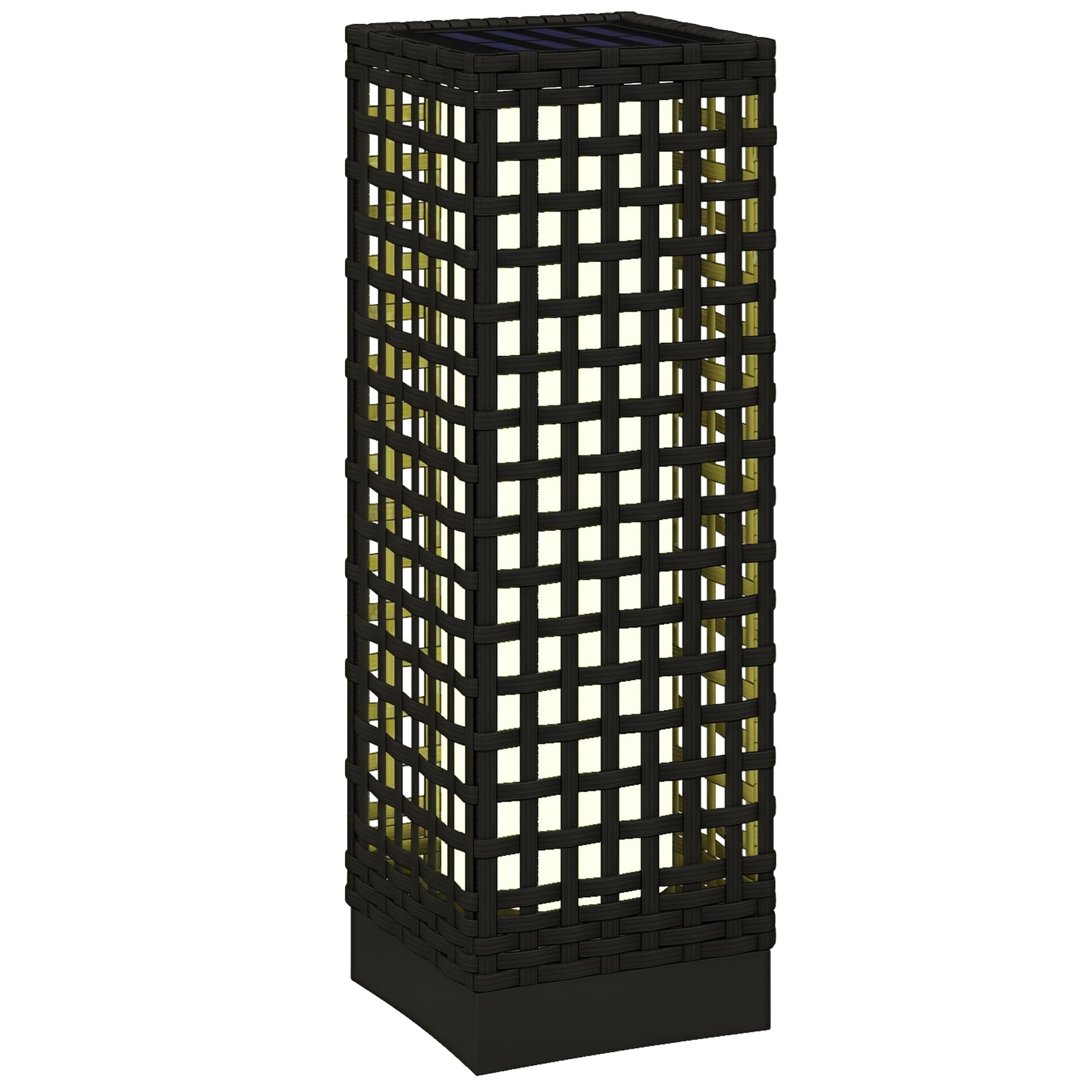 Outsunny solarne rattanowe z czujnikiem światła 15,5x15,5x46cm Czarny | Ładowalna LED, IP44 wodoszczelna, latarka solarna, lampa zewnętrzna, do ogrodu, balkonu, podwórza