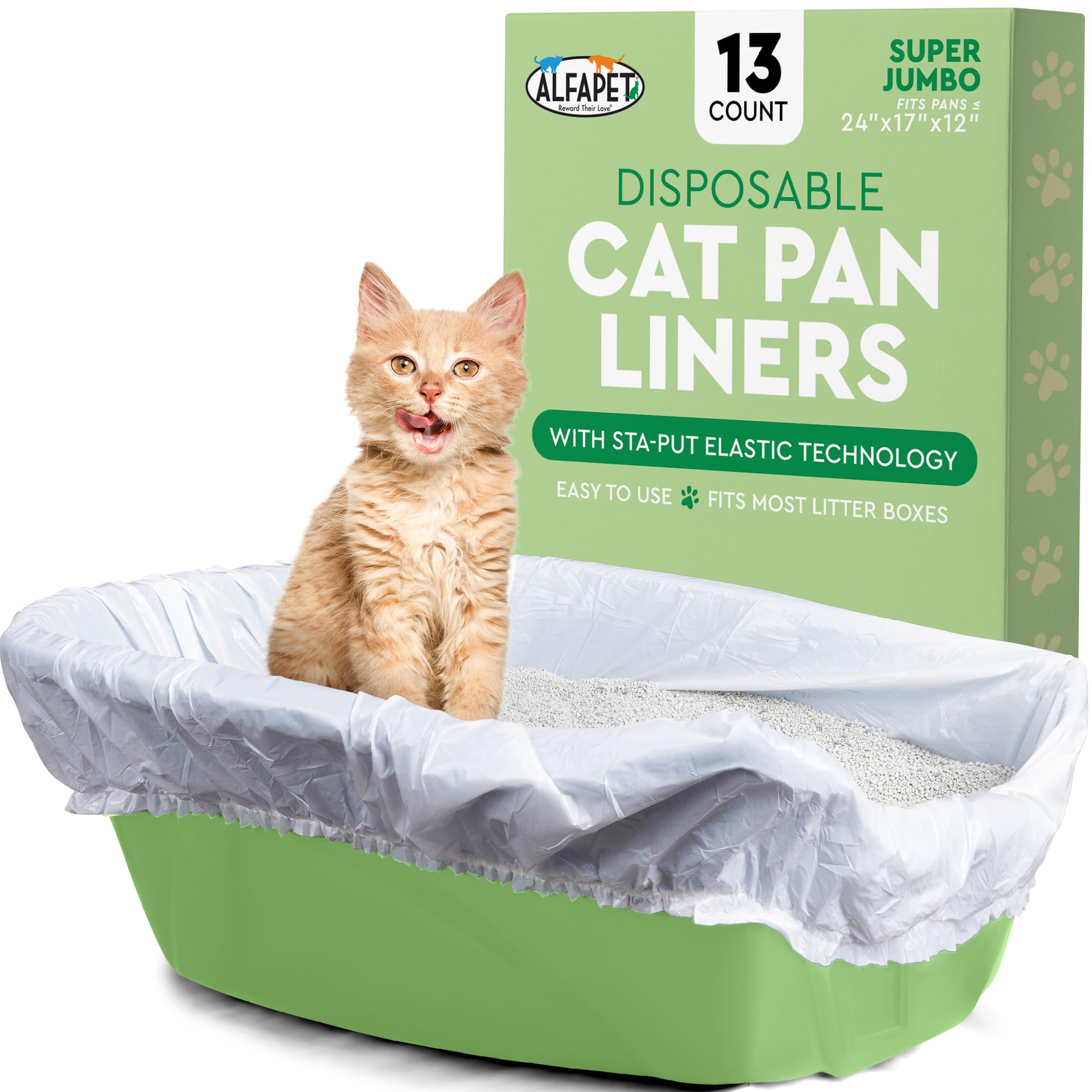 Alfapet Kitty Katzentoilette, Einweg, elastische Einlagen, 13er-Pack, für extra riesige, Jumbo-Katzentoiletten, mit Sta-Put-Technologie für feste, einfache Montage, schnelle und clevere Abfallreiniger