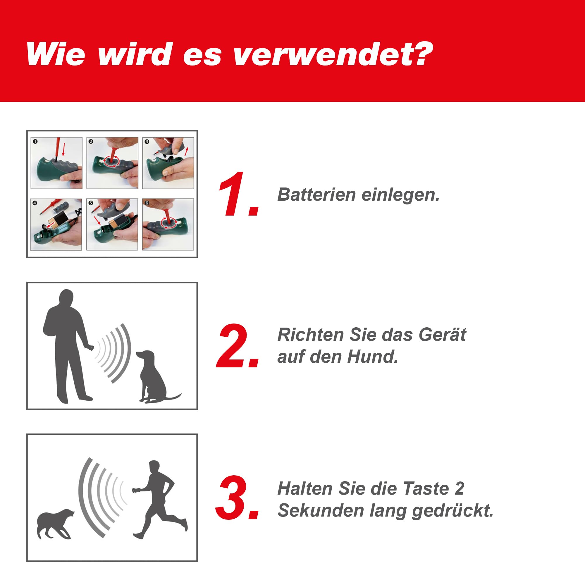 SWISSINNO Hundevertreiber Ultraschall – Handgerät mit bis zu 12 m Reichweite – Batteriebetrieb für mobilen Einsatz beim Joggen Radfahren Spaziergehen oder zur Unterstützung beim Hundetraining