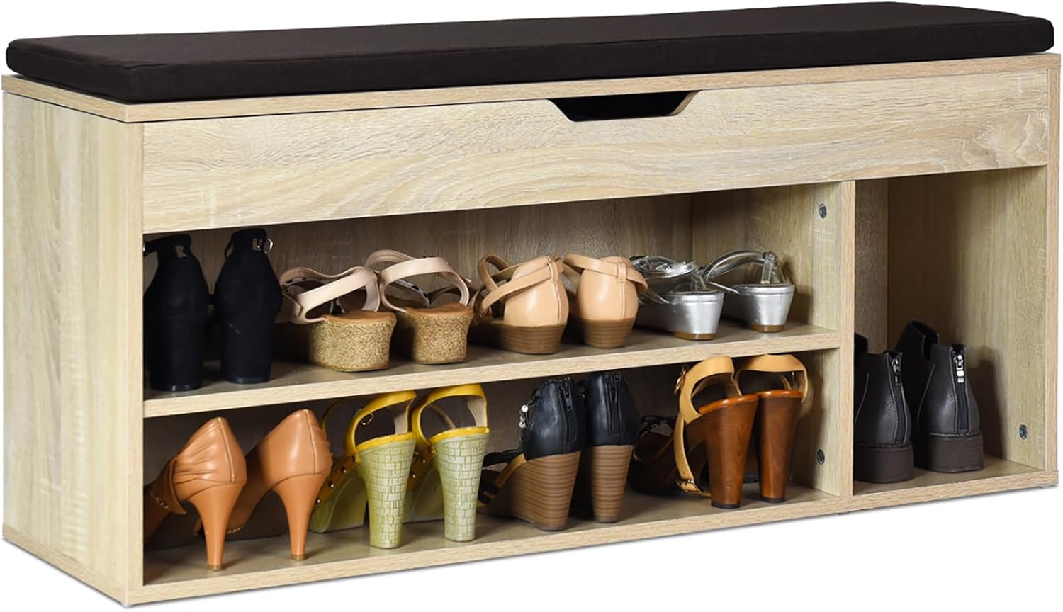 COSTWAY Ławka na buty z siedziskiem i miejscem do przechowywania, 104 x 30 x 48 cm, regał garderobiany, regał na buty, składana szafka na buty, ławka ze stojakiem, poduszka do siedzenia (brązowy)