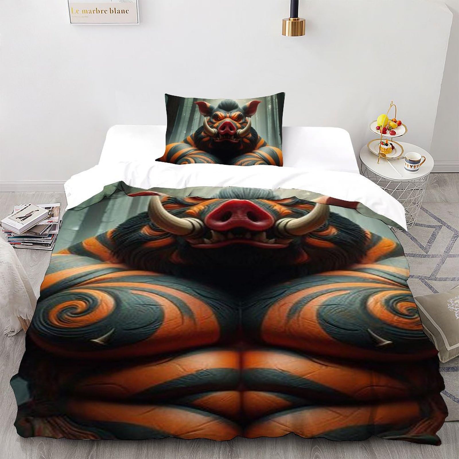 Housse de couette 135x200 imprimé 3D sanglier en microfibre lit simple garçon