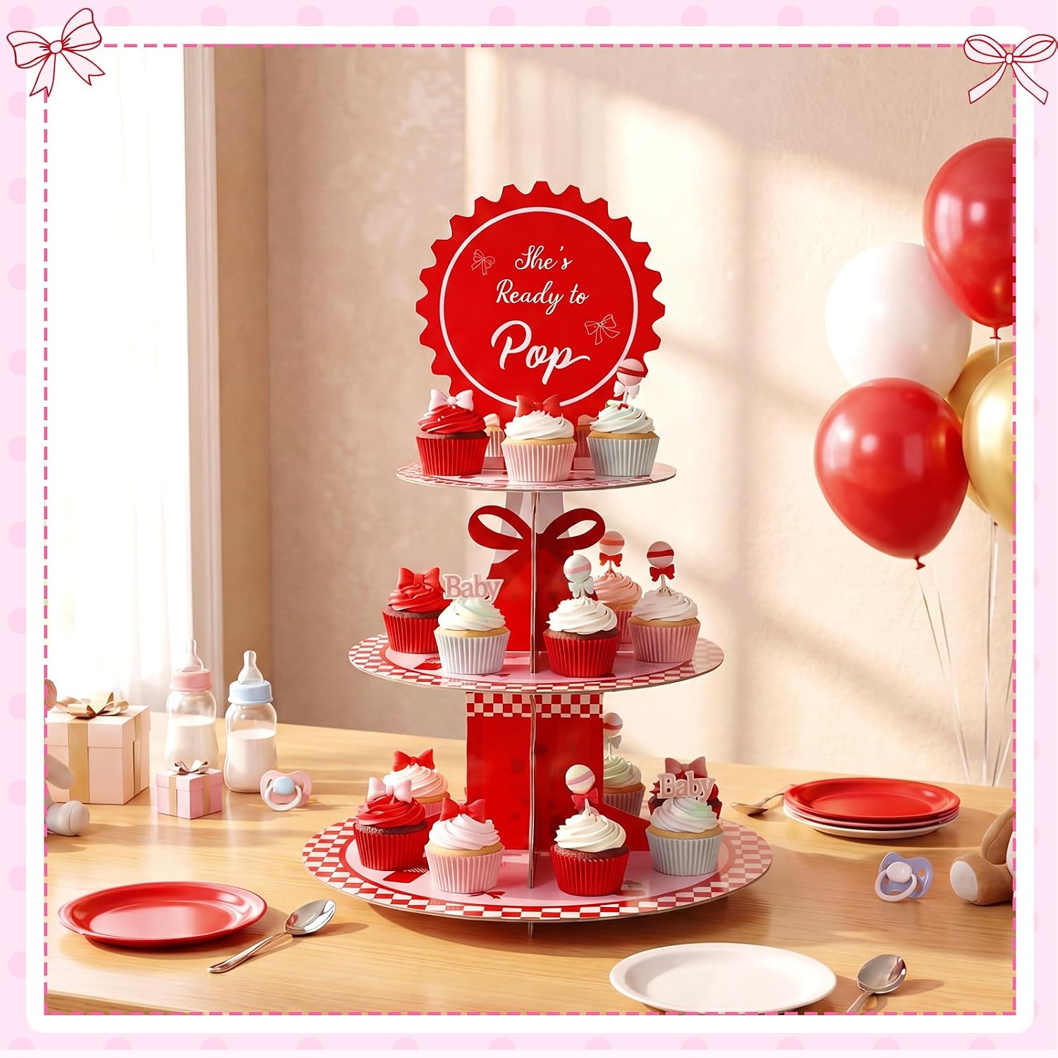FoldTier 6 Pcs Ready to Pop Cupcake Stand 3 Tier Red Gingham Pink Bow image 5