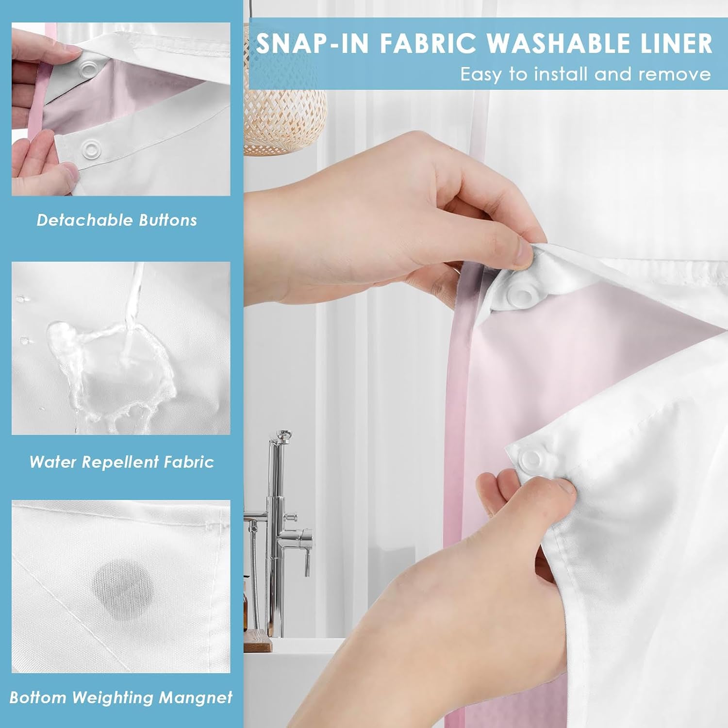 No Hook Ombre Pink Shower Curtain with Snap in Fabric Liner Set, Modern Design Double Layers Waterproof Fabric with See Through Top Window Open Grommet Bath Curtain 71x74 Inch
