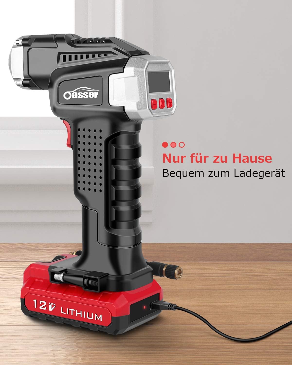 Oasser P2A Cordless Air Compressor being charged via USB cable