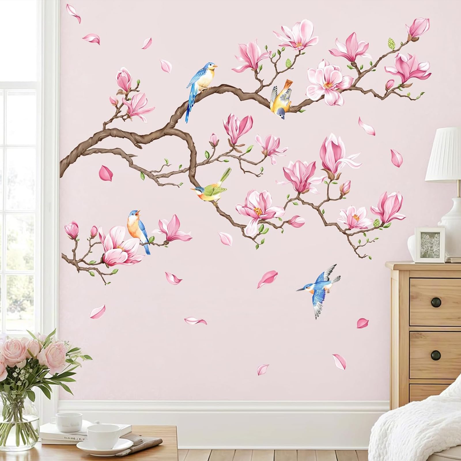 2PCS Pink Flower Peach Tree Bird Wall Stickers, Removable Self-Adhesive Odorless Wall Decals, DIY Home Decor Vinyl Art Stickers for Living Room Bedroom Kids Room Hallway Sofa Wall