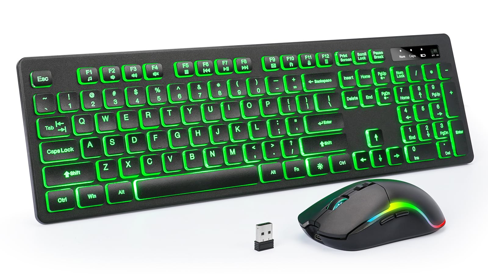 Tastiera e mouse wireless, luminosità e colore regolabili, ricaricabile, con lettere luminose, 2,4 G, USB, retroilluminato, per Windows, PC, laptop, desktop, videogiochi