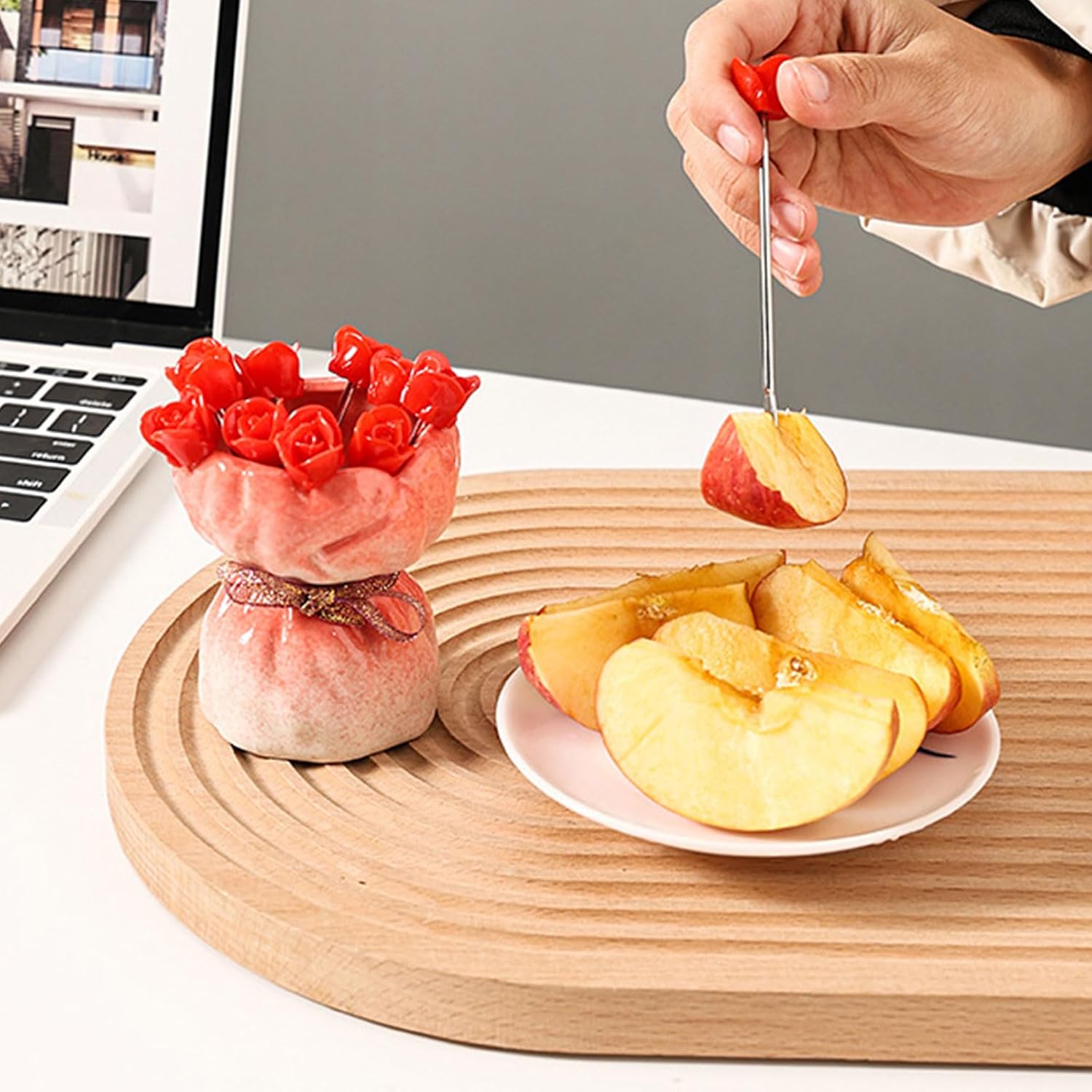 12 Piece Elegant Rose Shape Stainless Steels Fruit Forks with Bouquet Holder for Dessert Table Decors and Party Serving Cake Forks