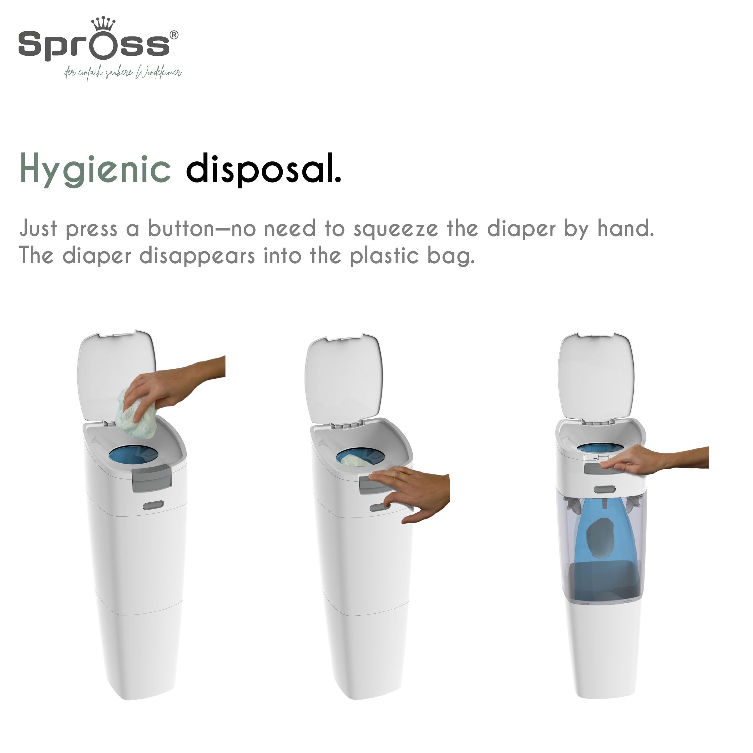 Poubelle à couches Spross® incl. 3 recharges, seau hermétique aux odeurs avec fermeture hygiénique