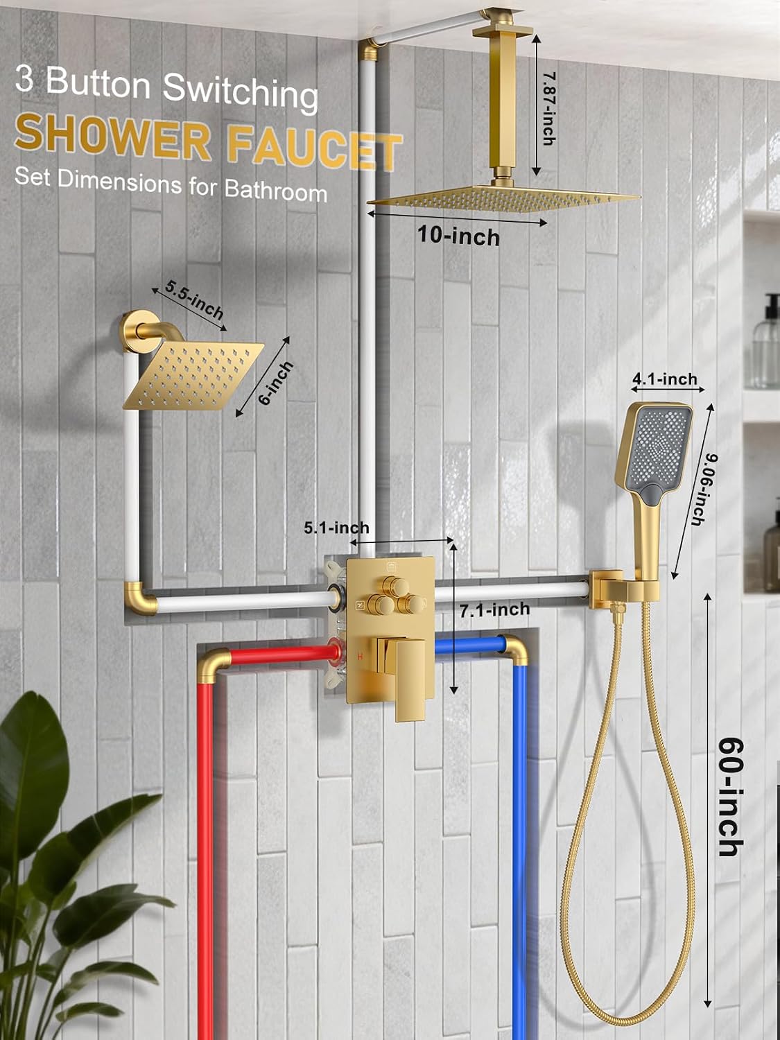 Shower Faucet Set, 10" Ceiling Mount Rainfall Shower System with 2 Rain Shower Head and Multi-function Handheld Head Push Button Diverter Shower Faucet Trim Kit Brushed Gold - Image 7