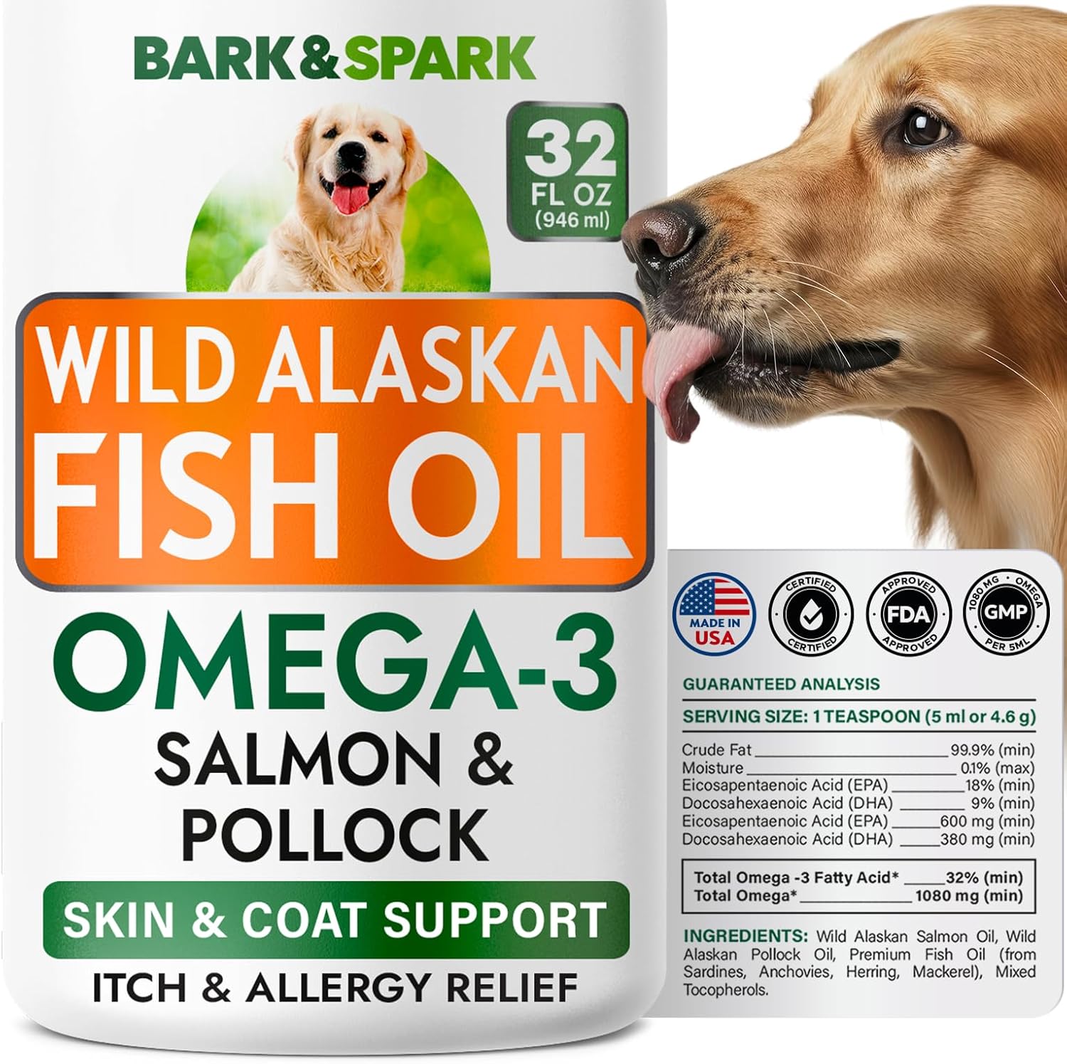 Bark&Spark Fish Oil for Dogs – Natural Omega-3 – Skin & Coat Support – Liquid Food Supplement for Pets – Natural EPA + DHA Fatty Acids for Joint Function, Immune & Heart Health 32oz – Salmon Bark&Spark Fish Oil for Dogs – Natural Omega-3 – Skin & Coat Support – Liquid Food Supplement for Pets – Natural EPA + DHA Fatty Acids for Joint Function, Immune & Heart Health 32oz – Salmon