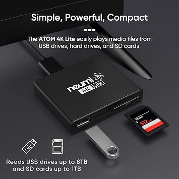 NEUMI Atom 4K Lite Digital Trigger Media Player for USB Drives and SD Cards | Plays 4K UHD video, HEVC H.265, HDMI and analog AV output, automatic playback, looping, trigger capability
