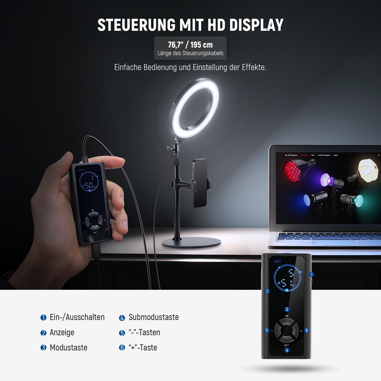 NEEWER 8" Tisch Ringlicht 18W Stark Leistung mit Ständer & Handyhalter, Circle Selfie Ring Licht kompatibel mit iPhone Streaming Vlog, Videokonferenz Videolicht Set für Laptop Computer Zoom Call, RH8B