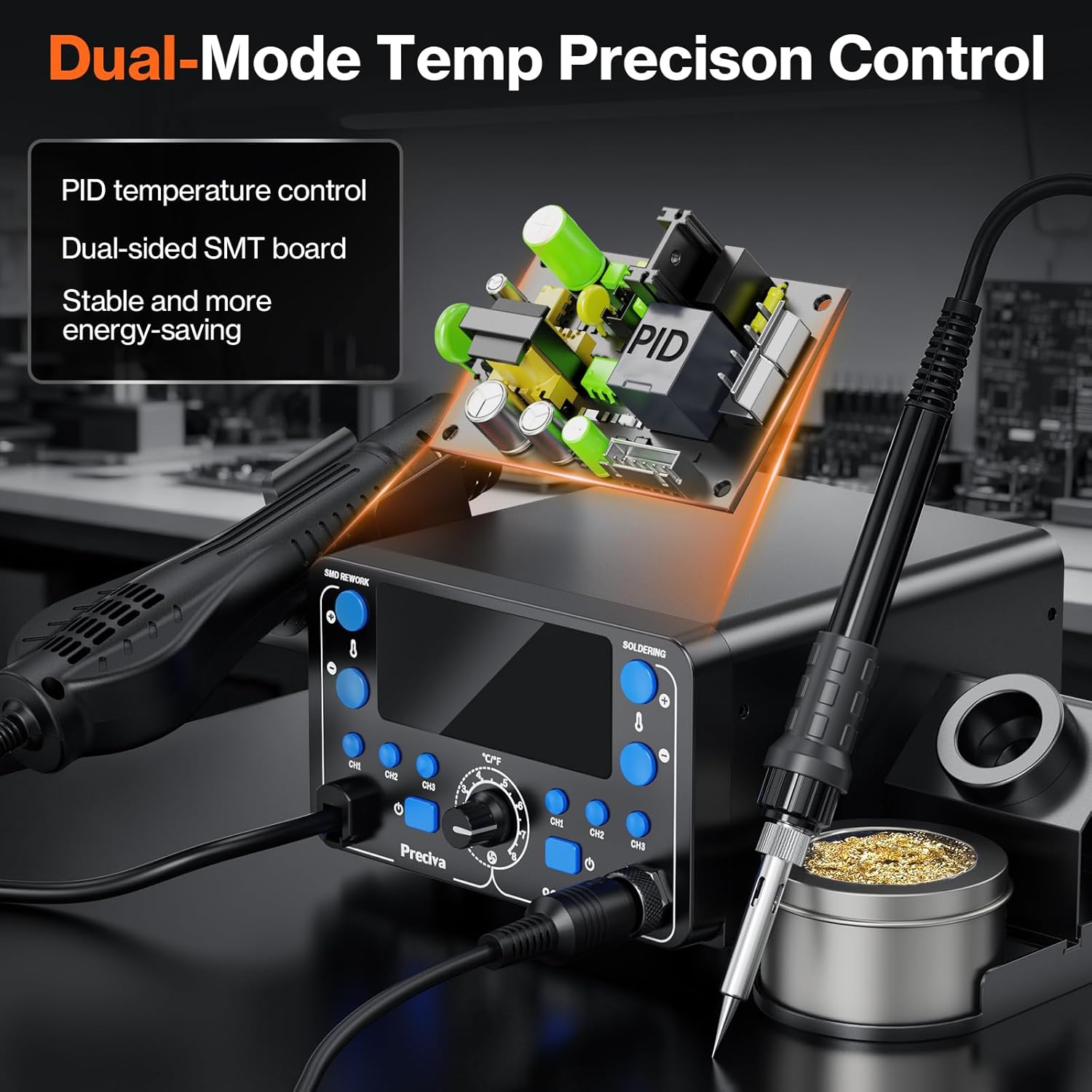 Preciva 902D V Soldering Station 2-in-1 SMD Hot Air Rework Station with LED, Memory Presets, Sleep, Calibration, °C/ºF | Includes Soldering Iron, Hot Air Gun, 5 Tips, 4 Nozzles, Holder, Solder Wire