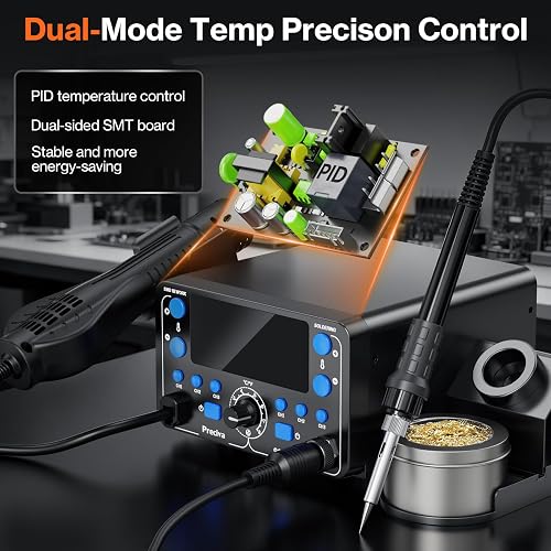2-in-1 Soldering Iron Station&Hot Air Gun,Preciva 902DV Solder Station with 5 Tips+4 Hot Air Nozzles,750W Dual LED Digital Display,100℃-480℃ Temp Adjustable,Sleep Mode and 3 Stage Temperature Control - 7