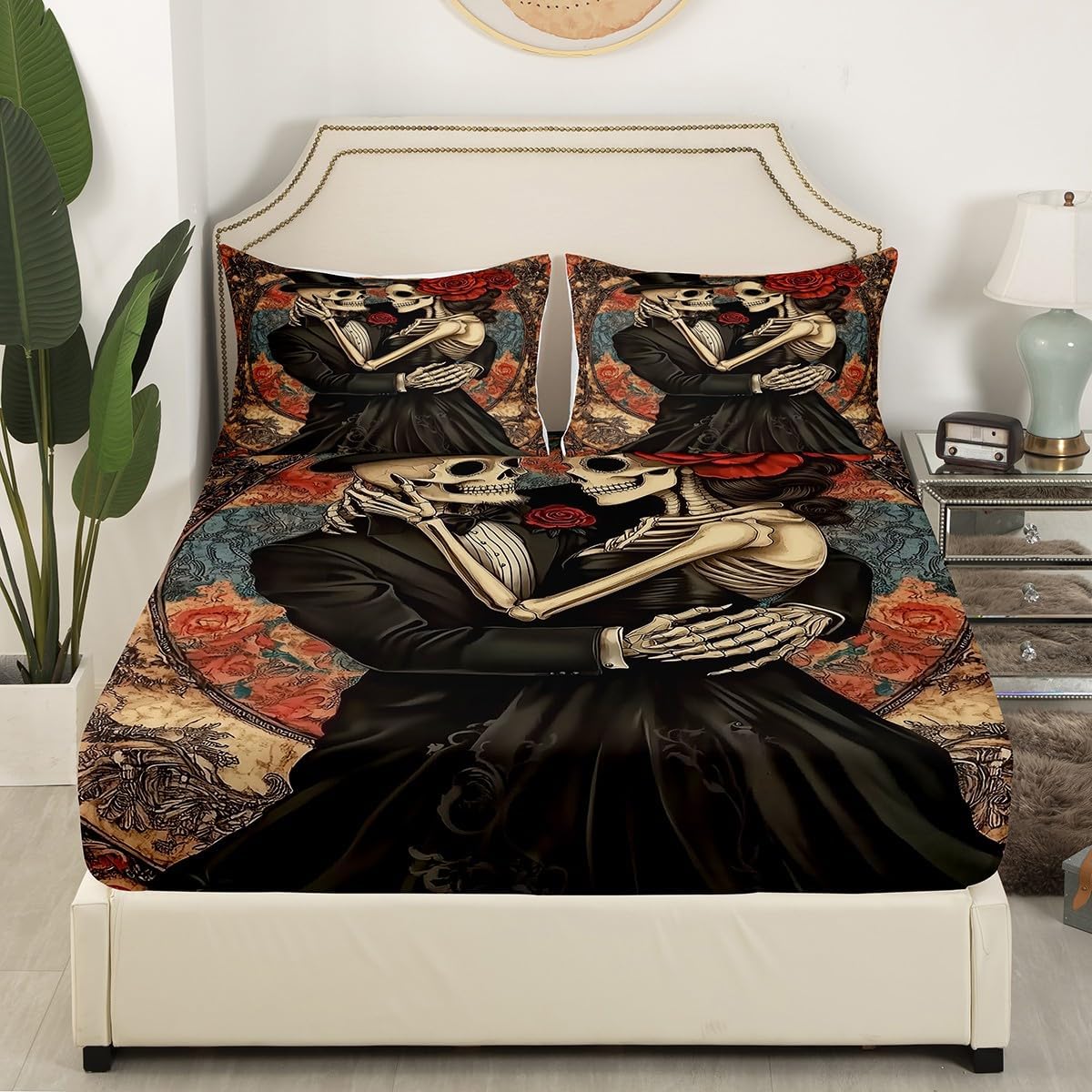 Skull Bed Sheets for Woman Couple Gifts Fitted Sheet,Romantic Lover Themed Bed Set Full Skeleton Bohemian Boho Decor Sheets for Adults,Black