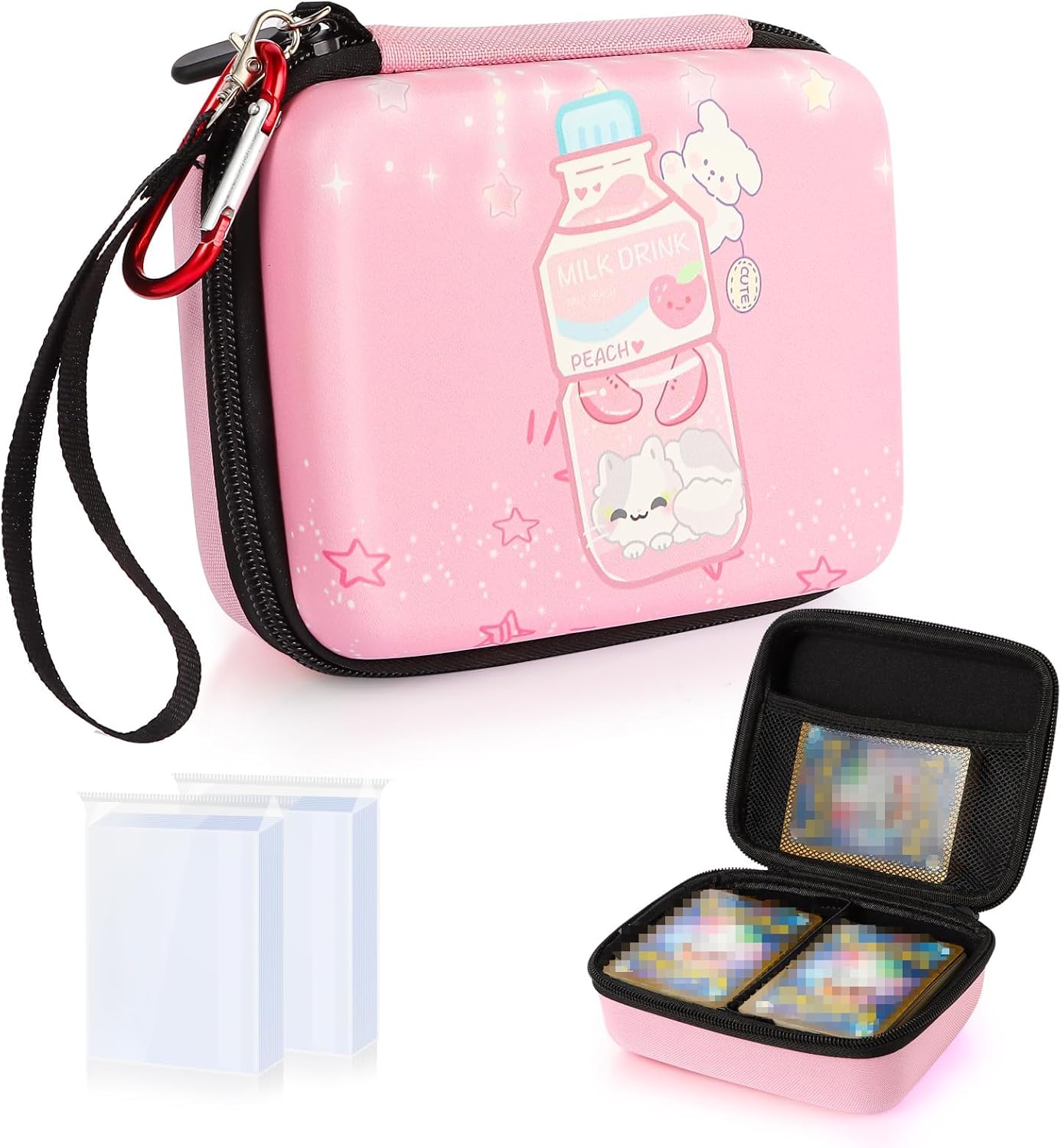 CLOKORIA Travel Carrying Case for Trading Cards with 200 Counts Card Sleeves,400 Cards Collectible Trading Card Storage Box fits Magic MTG Cards(Milk bottle Cat, 400 Card Capacity)
