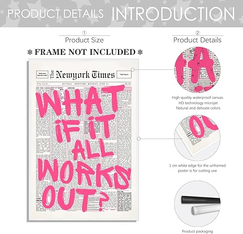 Miniatura 2 de Lienzo de periódico retro con fuente rosa, arte de pared con texto en inglés What If It All Workout, póster con cita de afirmación positiva,