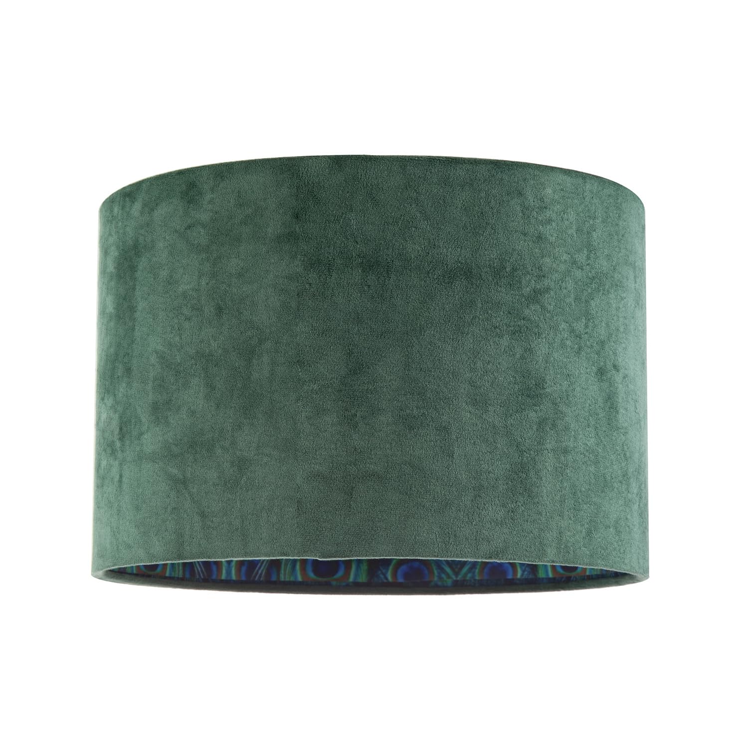 Designer Chic Forest Green Velvet Fabric Dum Lamp Shade with Colourful Peacock Feather Themed Inner | 30cm x 20cm by Happy Homewares