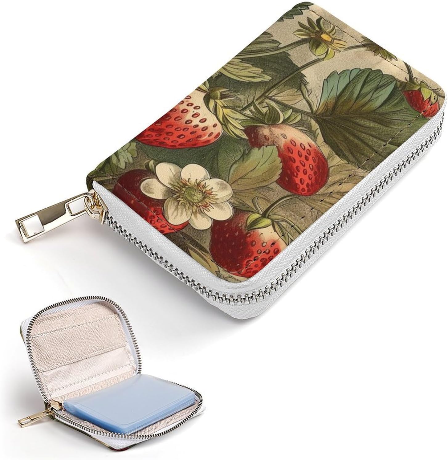 Leather Card Organizer Case Card Wallet Credit Card Holder Red Strawberry Printed Zipper Card Cases Holder for Women Men
