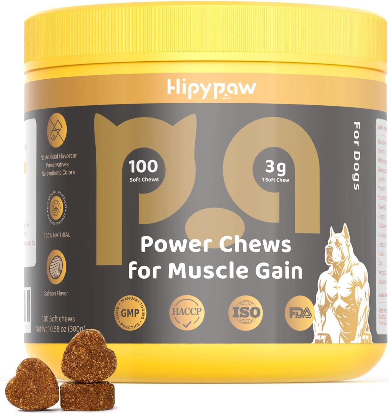 4-in-1 Muscle Gain Chews for Dogs: High Protein Supplement with BCAAs, Glucosamine & Salmon Oil – Premium Muscle Builder for All Breeds, Puppies to Senior – Salmon Flavor Soft Chews, 100 Tabs