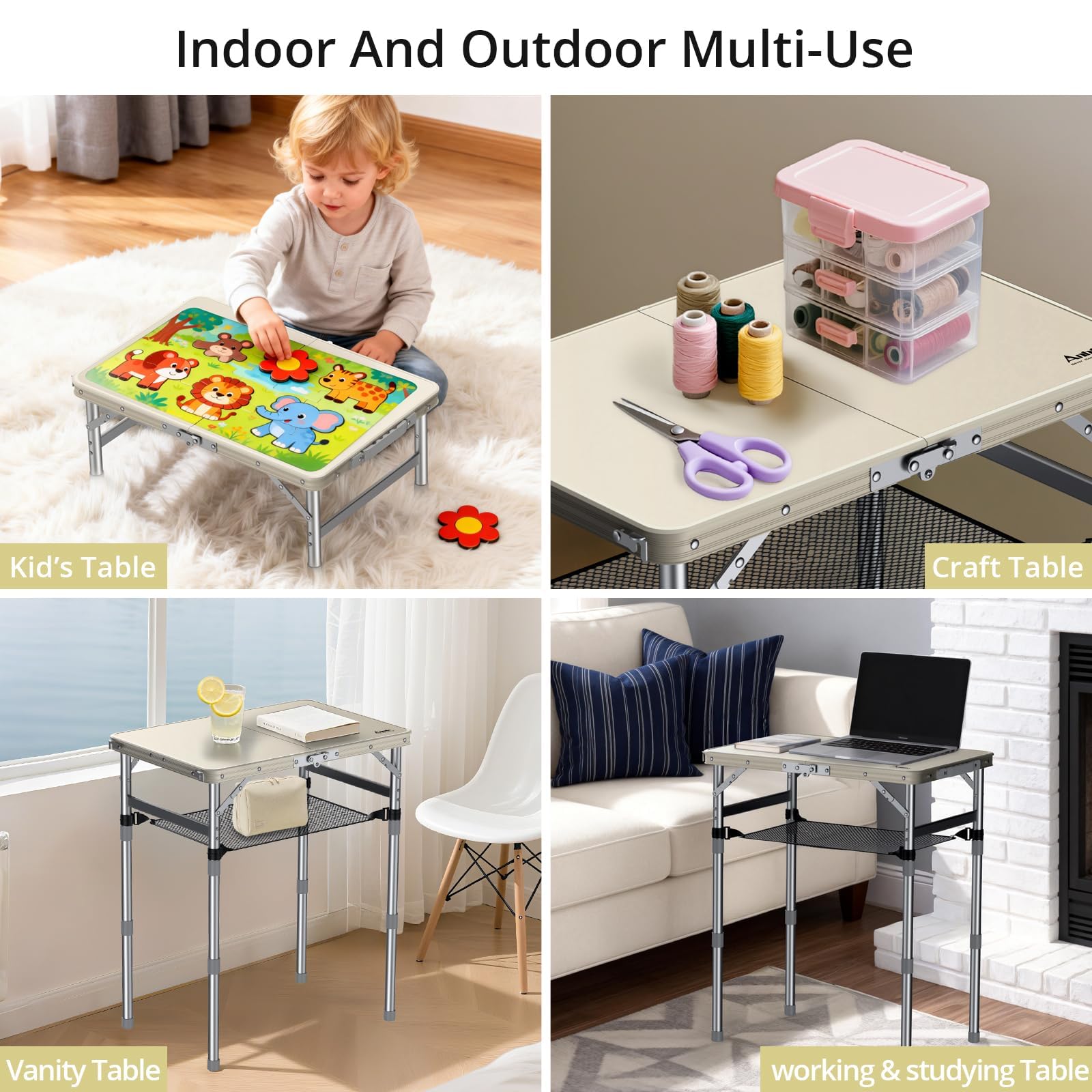 Anbte Table Pliante 58x40x26/48/70cm, 3 Hauteurs Réglables, Argent et Beige | Plateau en Plastique Étanche, Cadre en Aluminium, Facile à Nettoyer, Table légère pour Camping, Jardin, Terrasse, Intérieur