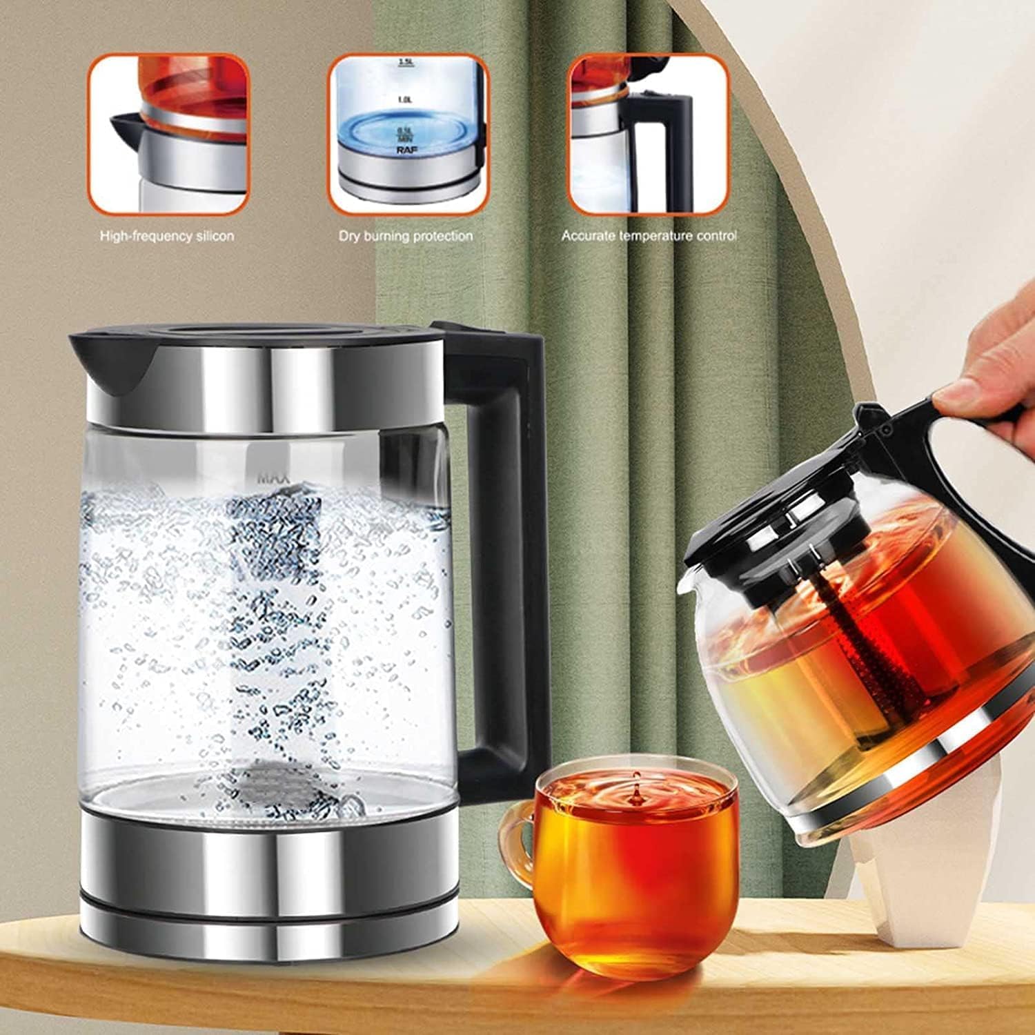 COYEUX Tetera de Vidrio Turco de 2 Niveles, con Base giratoria de 360 ​​Grados, con Boquilla de Filtro, Tetera eléctrica Estilo Samovar, Tetera autofiltrante