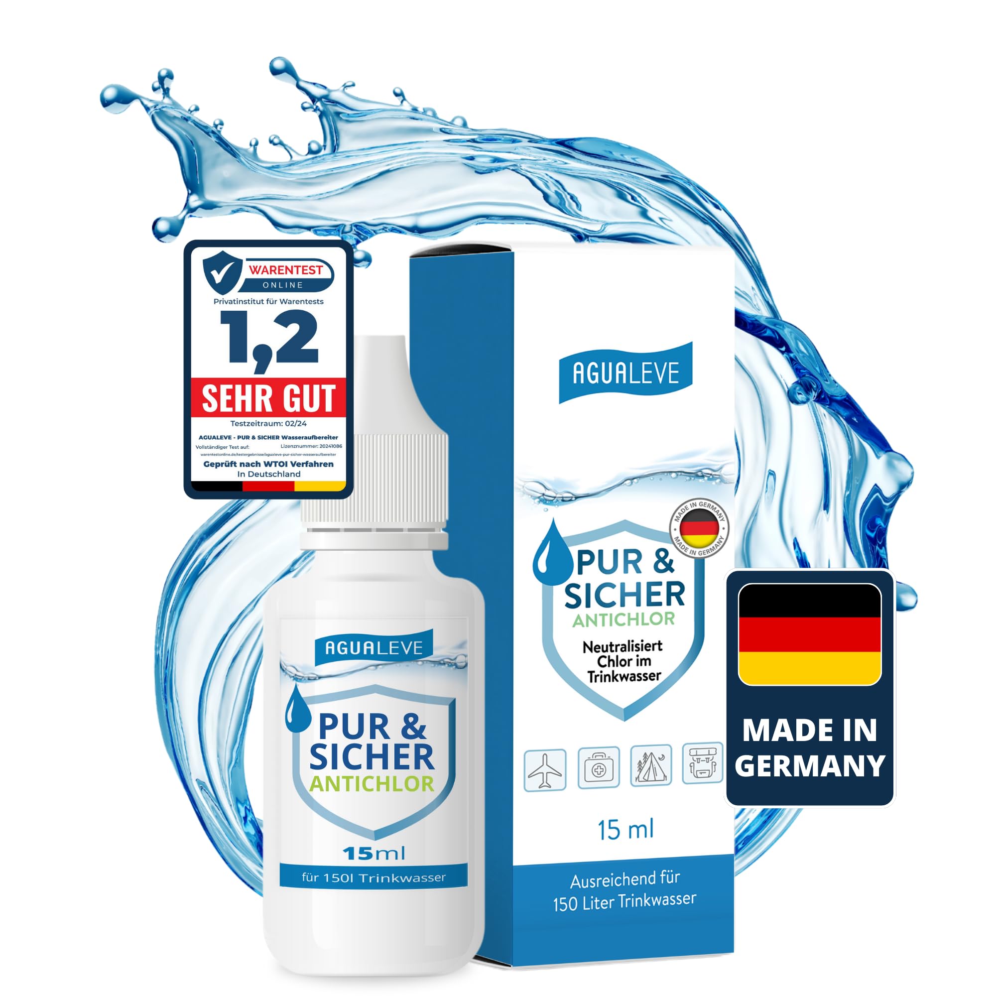 AGUALEVE® Antichlor 15ml für 150l Wasser *NEU* | Neutralisiert Chlor im Trinkwasser | Perfekt für Reisen und nach Wasserentkeimungstabletten | Markenqualität Made in Germany | mit Note 1,2 getestet
